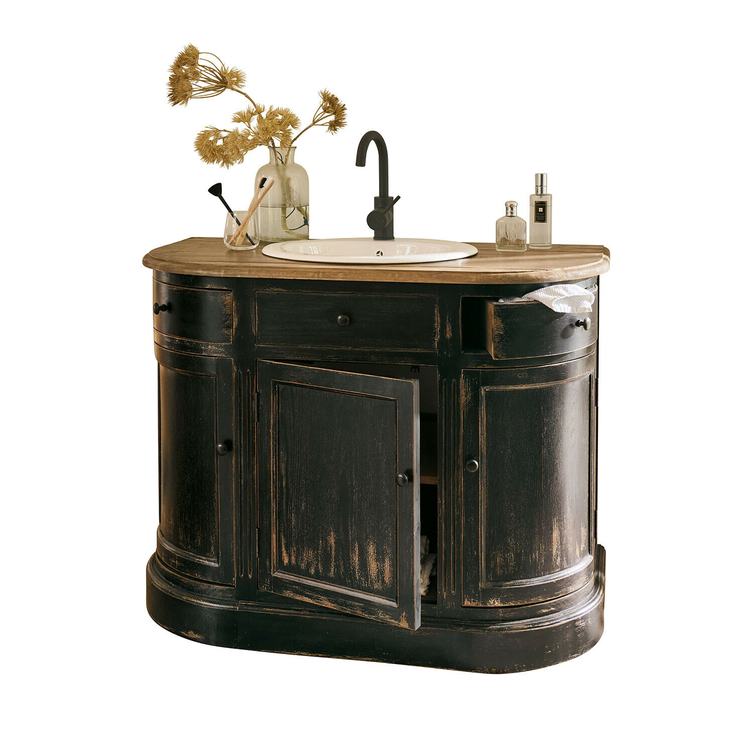 Meuble et vasque Louisiana Meuble de salle de bain noir en bois avec lavabo blanc et plan de travail en bois clair style rustique
