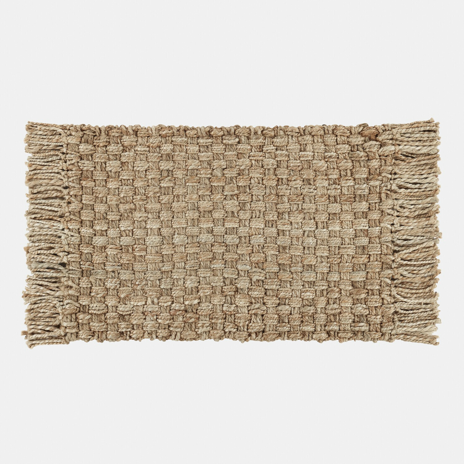 Deurmat Moody Handgeweven vloerkleed van natuurlijke jute in beige met franjes, interieur- en vloerdecoratie