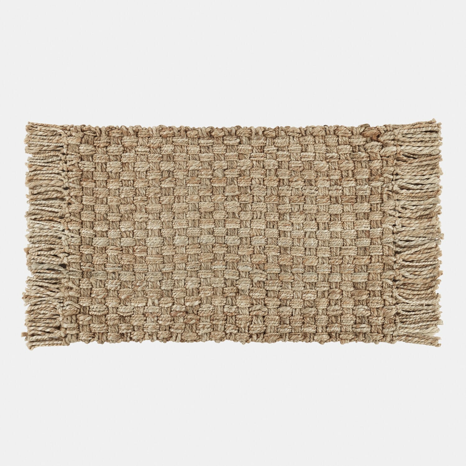 Deurmat Moody Handgeweven vloerkleed van natuurlijke jute in beige met franjes, interieur- en vloerdecoratie