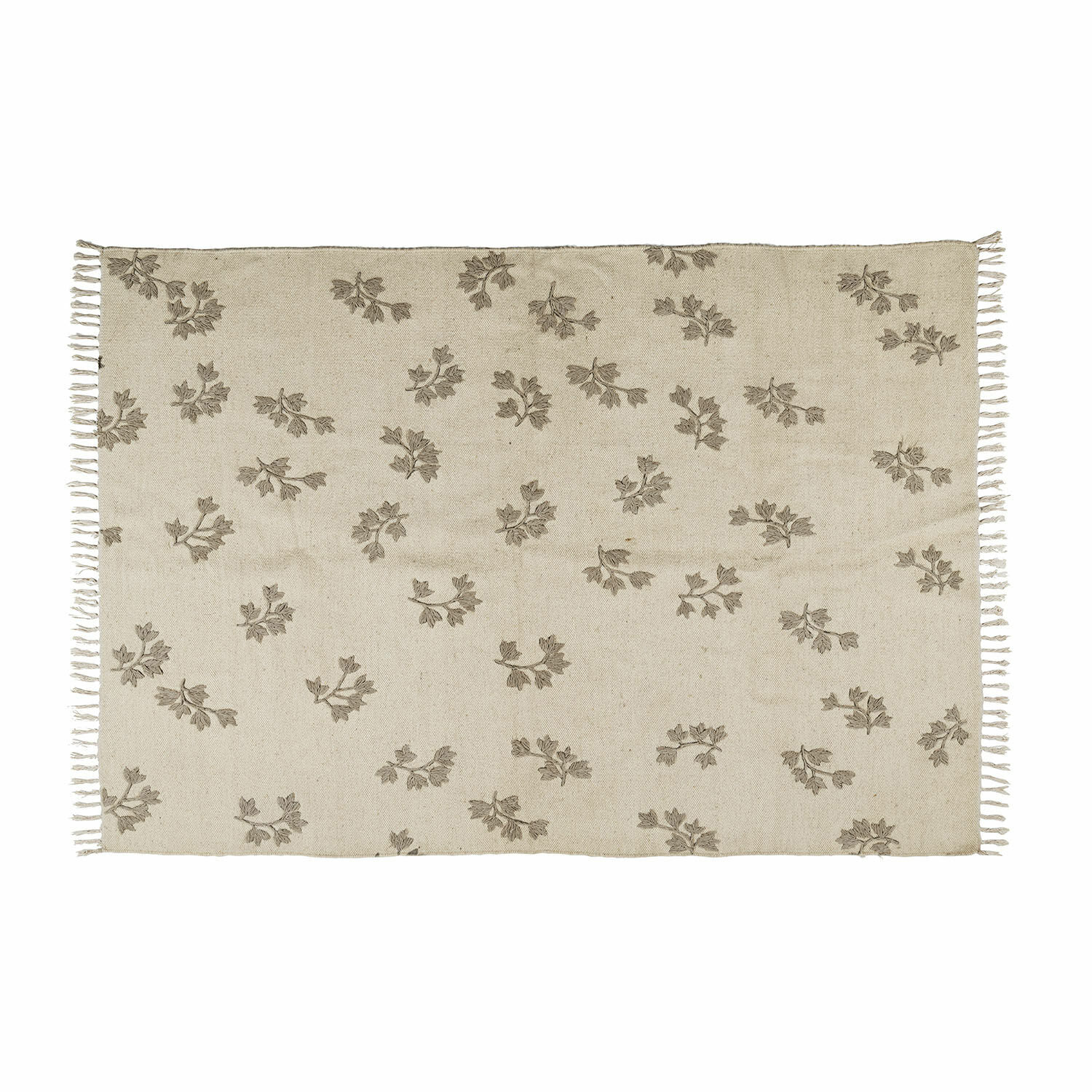 Vloerkleed Galorique Beige katoenen vloerkleed met bruin bladmotief en franjes, decoratief en natuurlijk