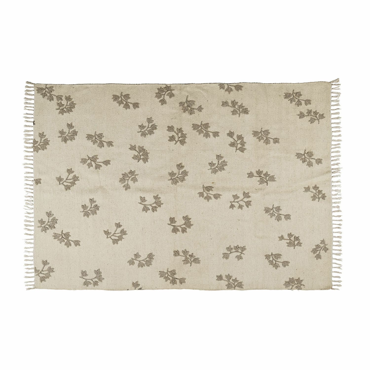 Tapis Galorique Tapis beige en coton avec motif feuilles marron et franges, décoration naturelle et élégante