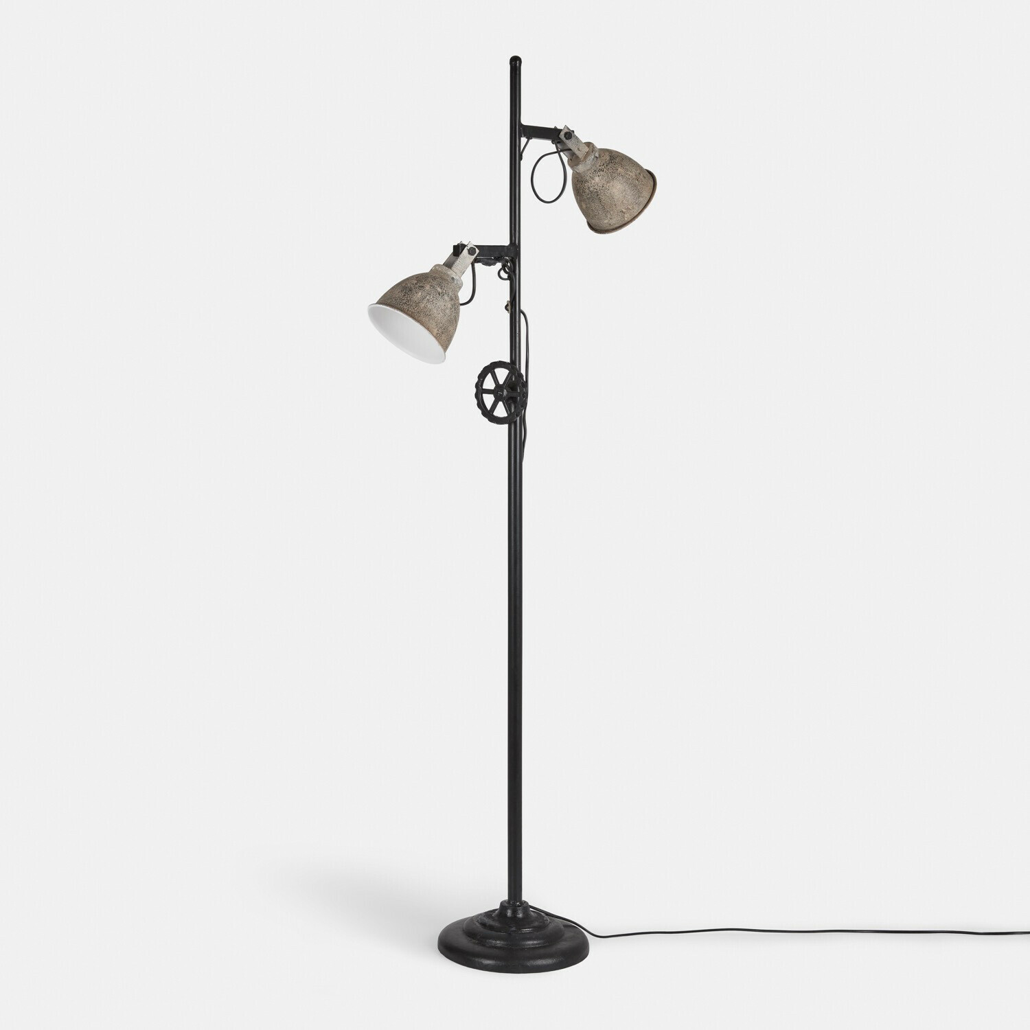 Lampadaire Fenric Lampadaire en métal noir avec deux abat-jours réglables gris pour un éclairage industriel