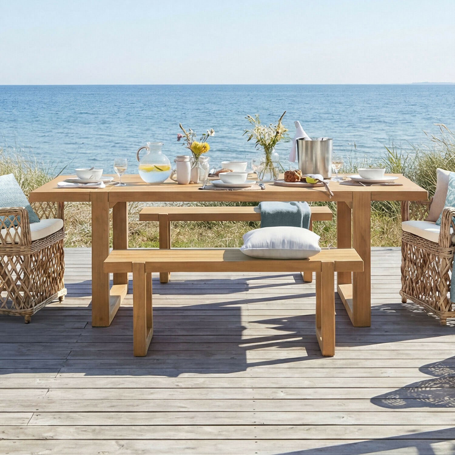 Table Halinor Table de jardin en bois avec bancs et fauteuils en osier face à la mer, décorations et vaisselle