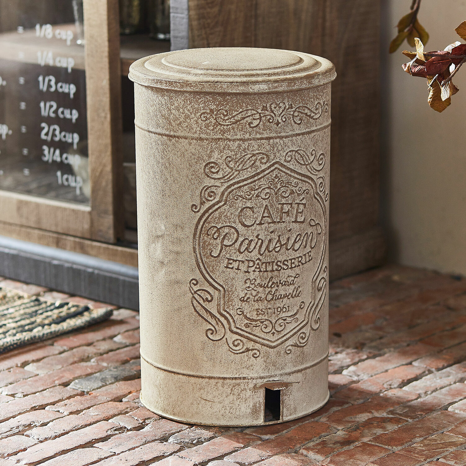 Poubelle Flistar Poubelle en métal beige avec inscription française et motif décoratif pour cuisine vintage