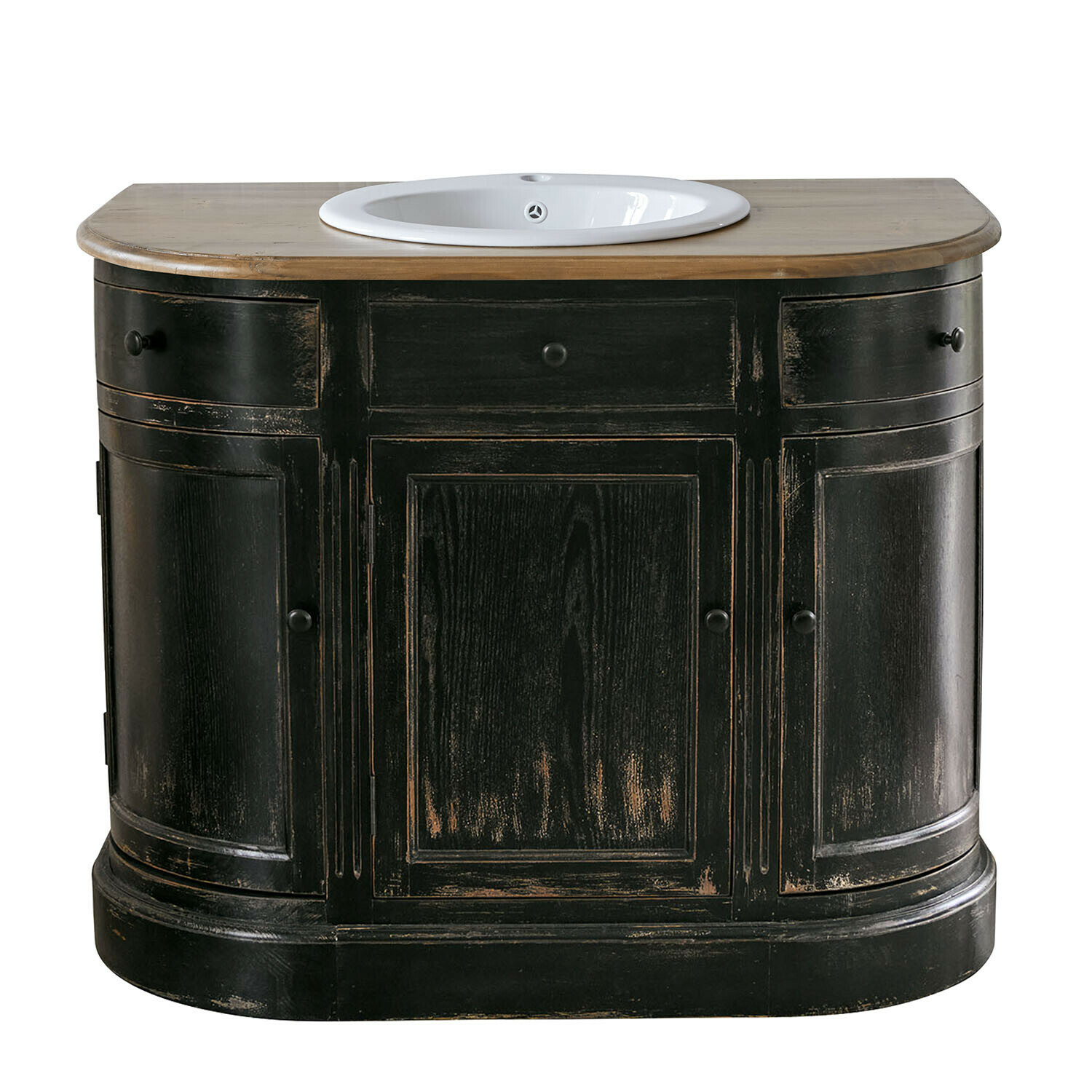Meuble-lavabo Louisiana noir antique avec plan en bois brun et vasque blanche en céramique