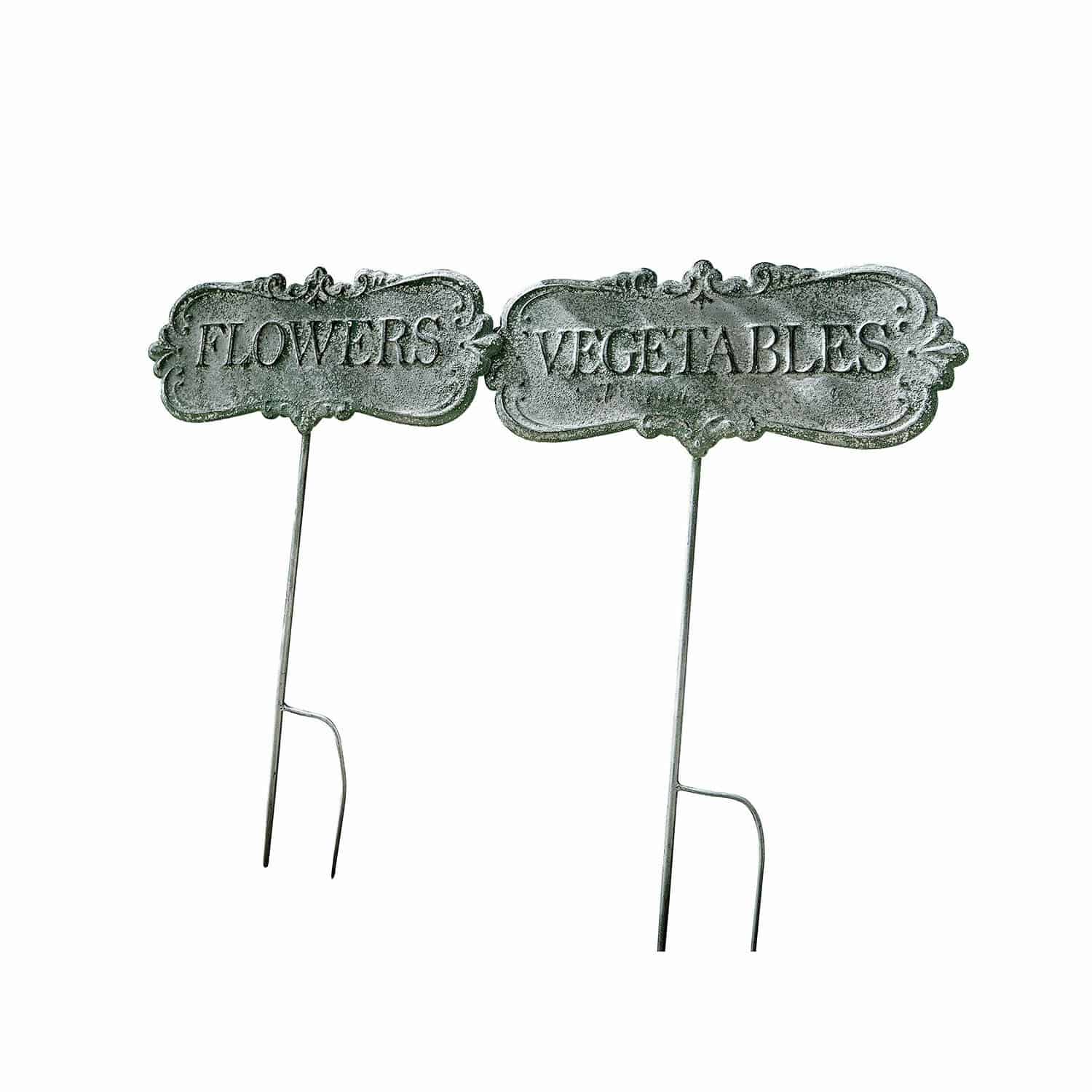 Plantenlabels set van 2 Flowers & Vegetables Grijze metalen tuinlabels met teksten Flowers en Vegetables voor plantmarkering