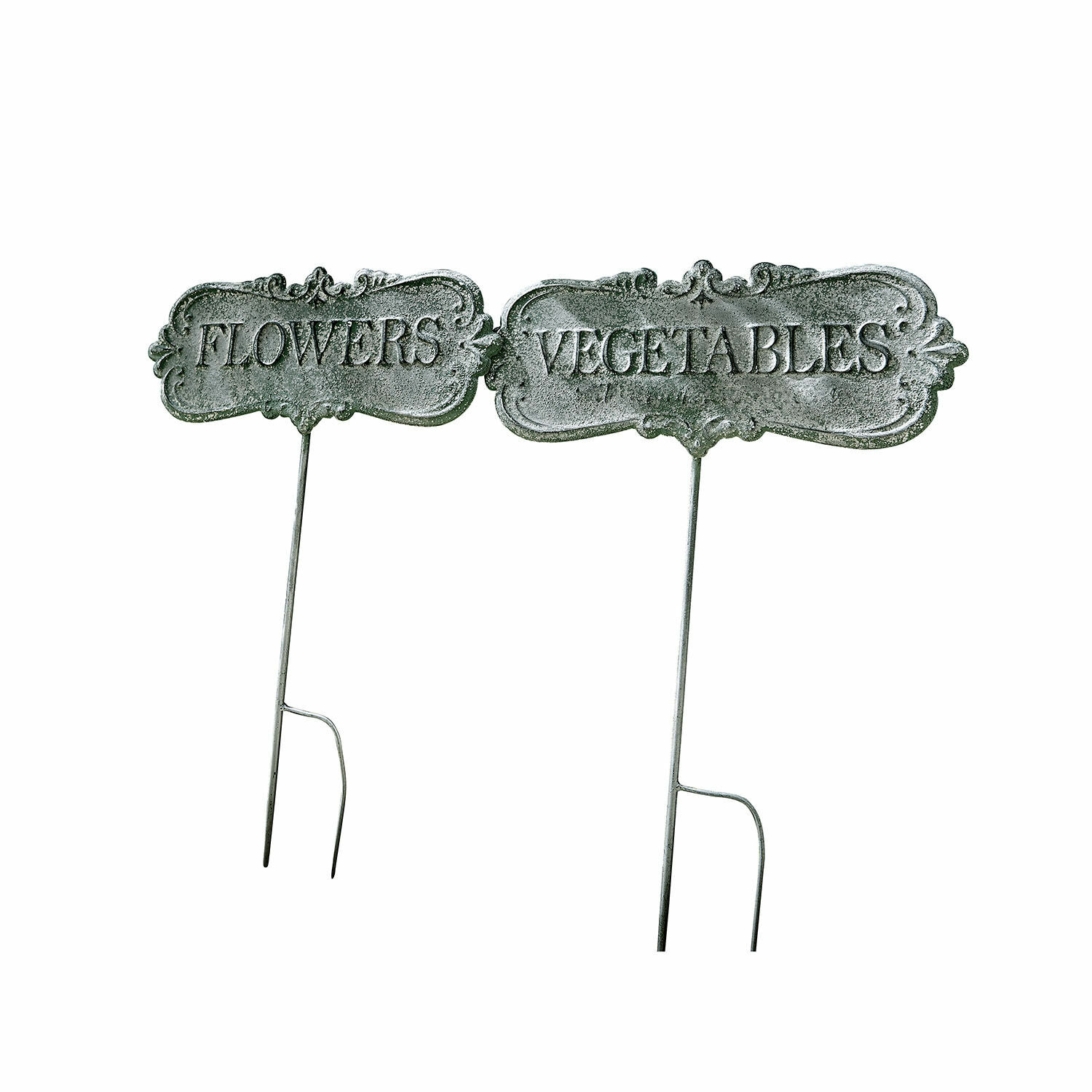 Plantenlabels set van 2 Flowers & Vegetables Grijze metalen tuinlabels met teksten Flowers en Vegetables voor plantmarkering