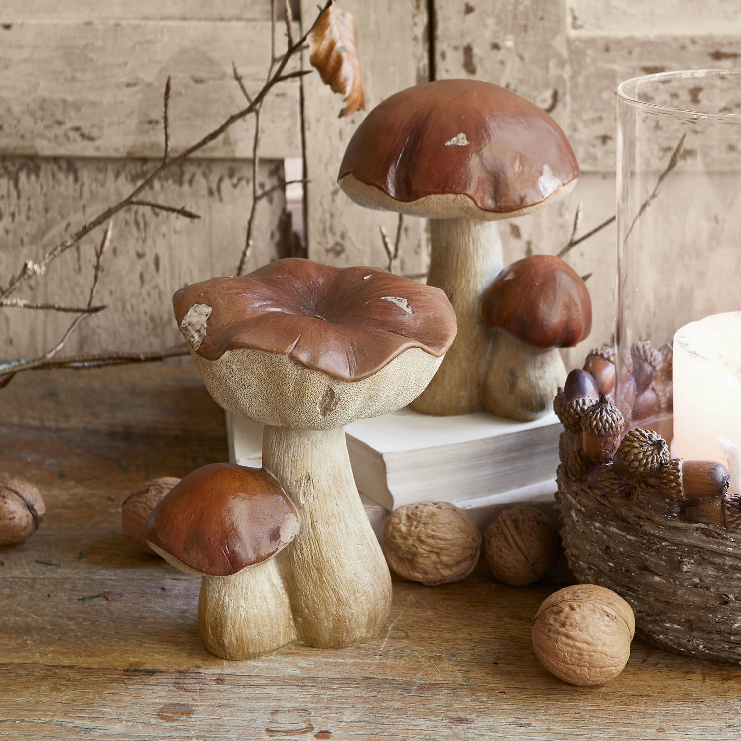 Sierpaddenstoel set van 2 Beenie Decoratieve paddenstoelen van kunststof in bruin-beige op houten tafel met walnoten