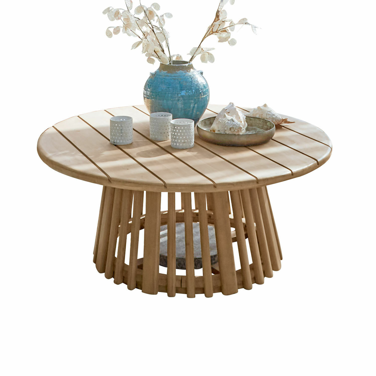 Table basse FSC®-100% Tewsbury Table basse ronde en bois clair avec décorations sur le dessus pour salon moderne