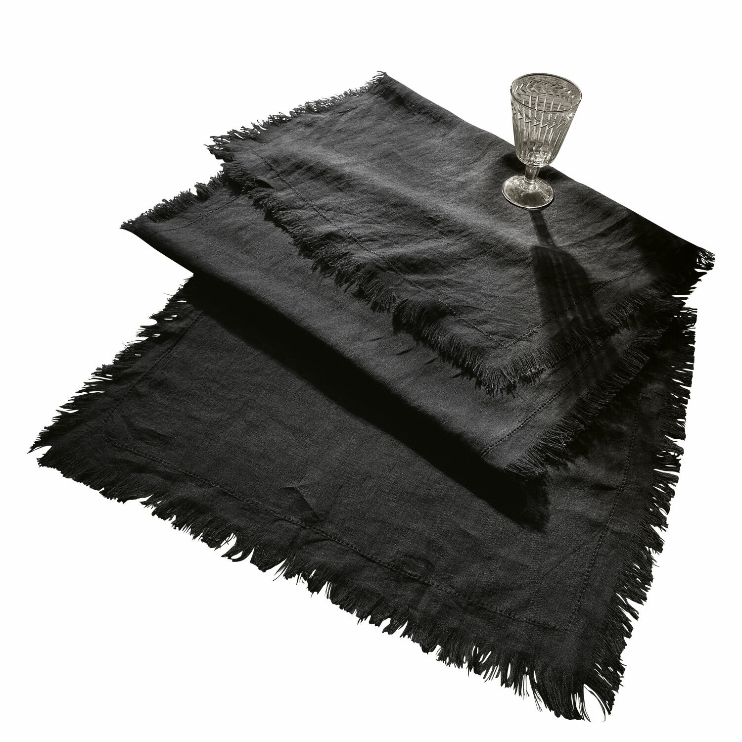 Nappe en lin noire avec franges, décorative et fonctionnelle pour la table, textile maison