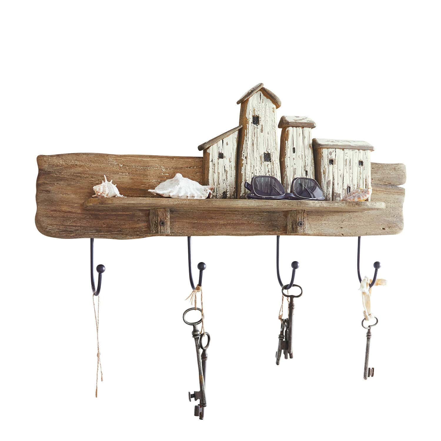 Bord met haken Charmani Rustieke houten sleutelhouder met decoratie van huisjes en schelpen in maritieme stijl
