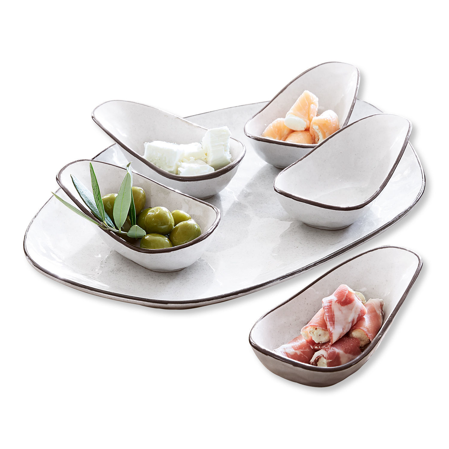 Lot de coupelles, 6 pièces Biarré Ensemble de bols en céramique crème avec bord brun pour apéritifs et olives