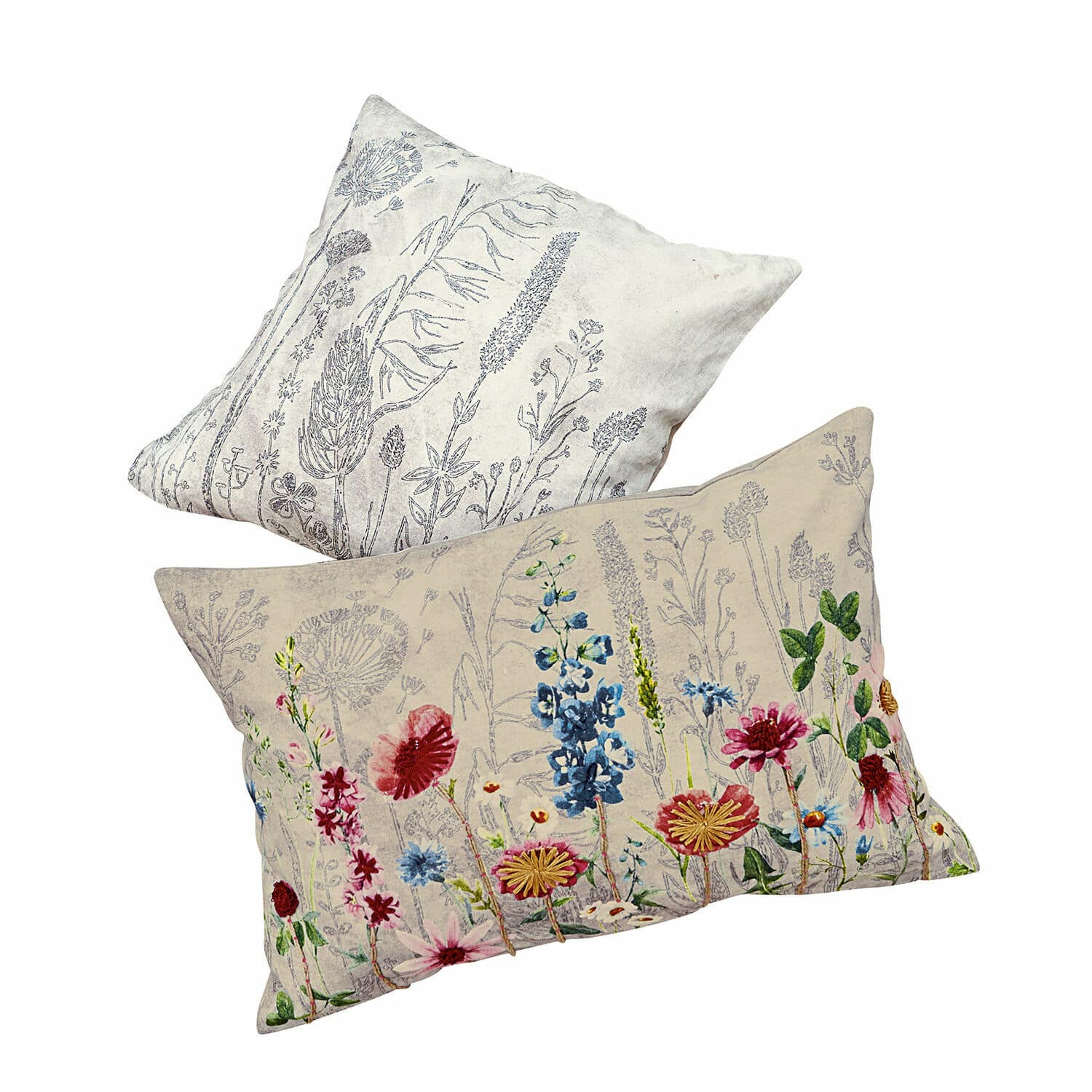 Kussenhoes set van 2 Eleonoire Set van twee linnen kussens in beige en grijs met bloemenprint, decoratieve woontextiel
