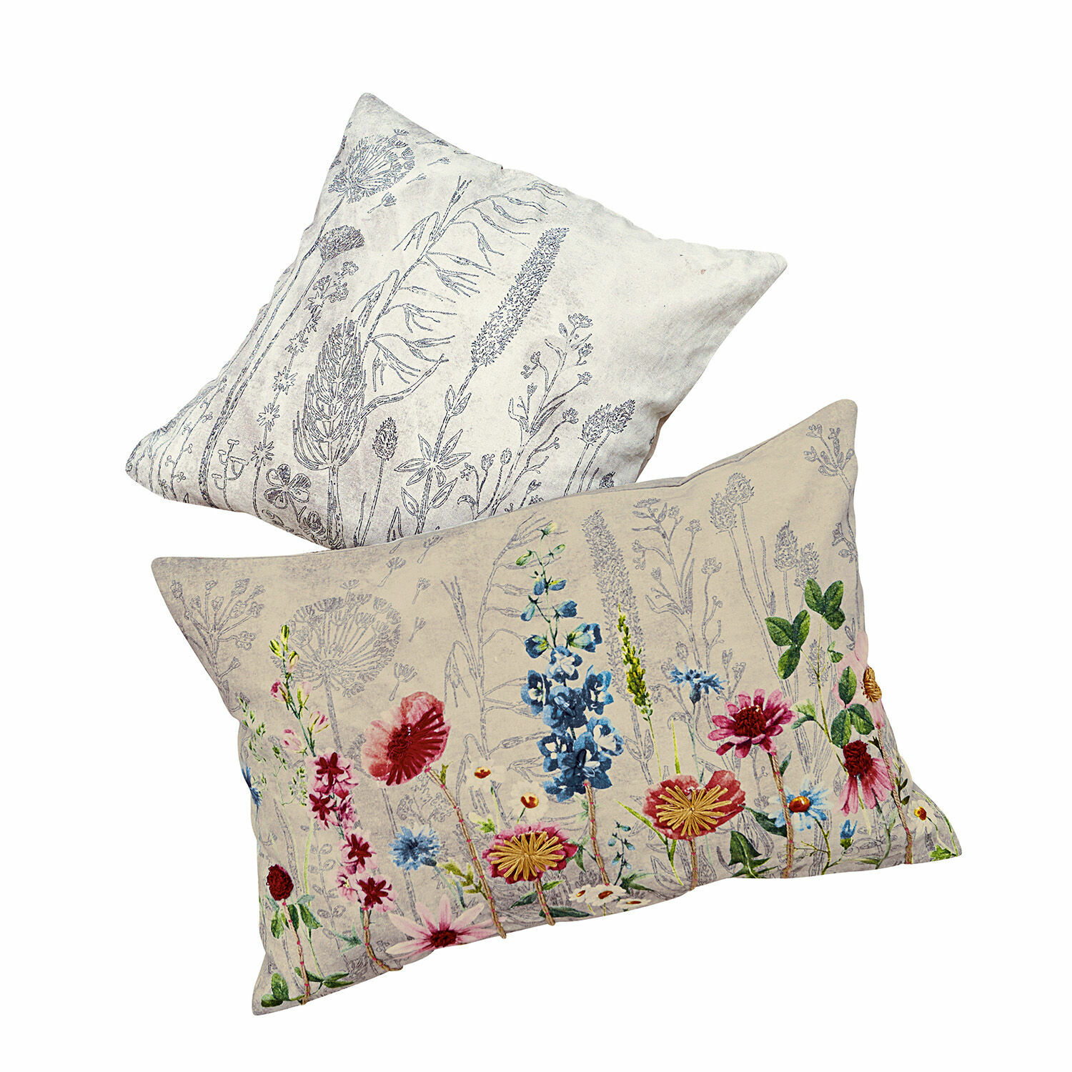 Kussenhoes set van 2 Eleonoire Set van twee linnen kussens in beige en grijs met bloemenprint, decoratieve woontextiel