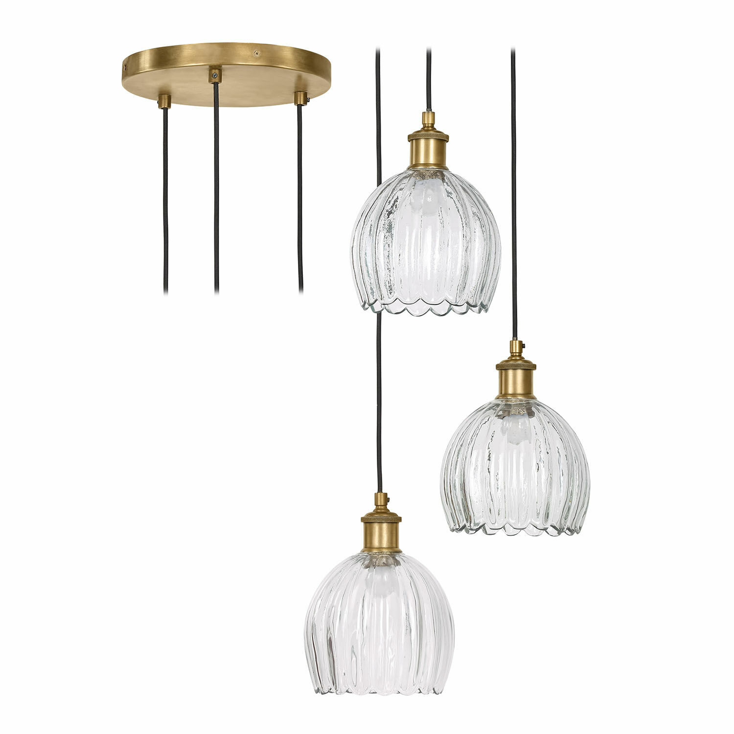Hanglamp Rilenov Hanglamp met drie glazen kappen en messing elementen, modern verlichtingsontwerp
