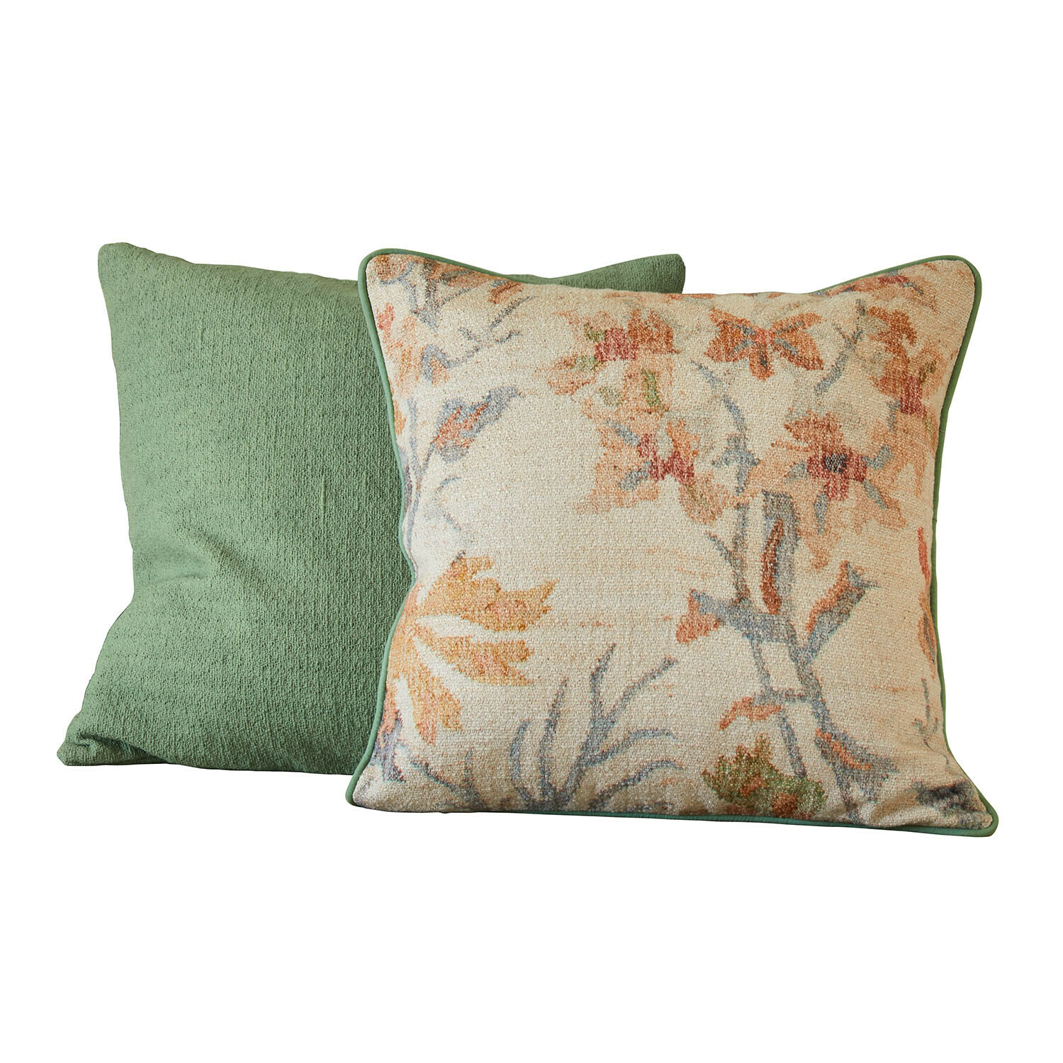 Lot de 2 housses de coussin Osorno Ensemble de deux coussins décoratifs, un vert uni et un à motif floral sur fond crème