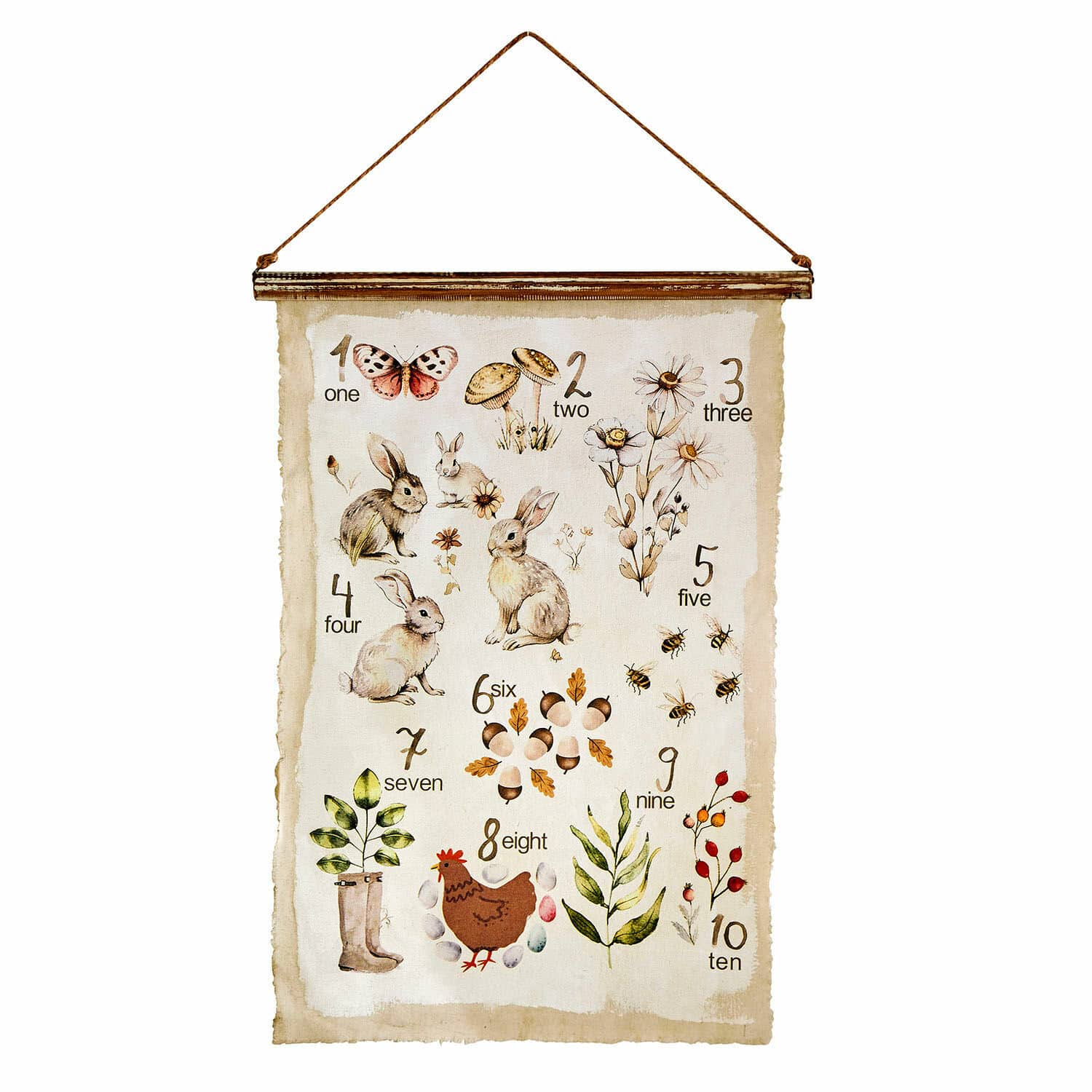 Tableau Kalhira Affiche décorative avec chiffres et illustrations de lapins, fleurs et animaux sur fond beige