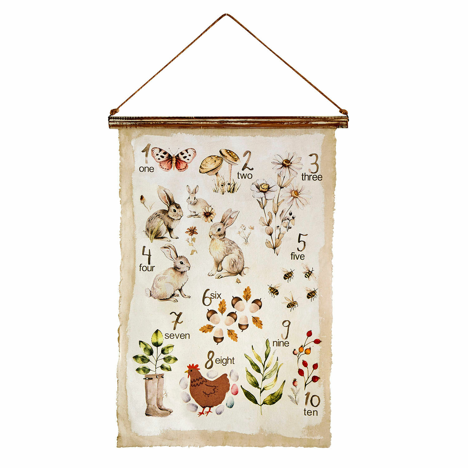 Poster Kalhira Decoratieve poster met cijfers en illustraties van konijnen, bloemen en dieren op beige achtergrond