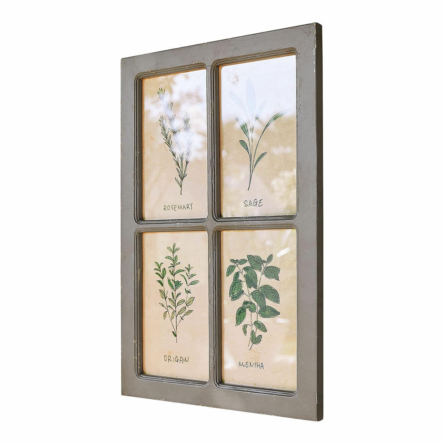 Schilderij Beaurive Decoratieve grijze houten wandlijst met illustraties van rozemarijn, salie, oregano en munt kruiden