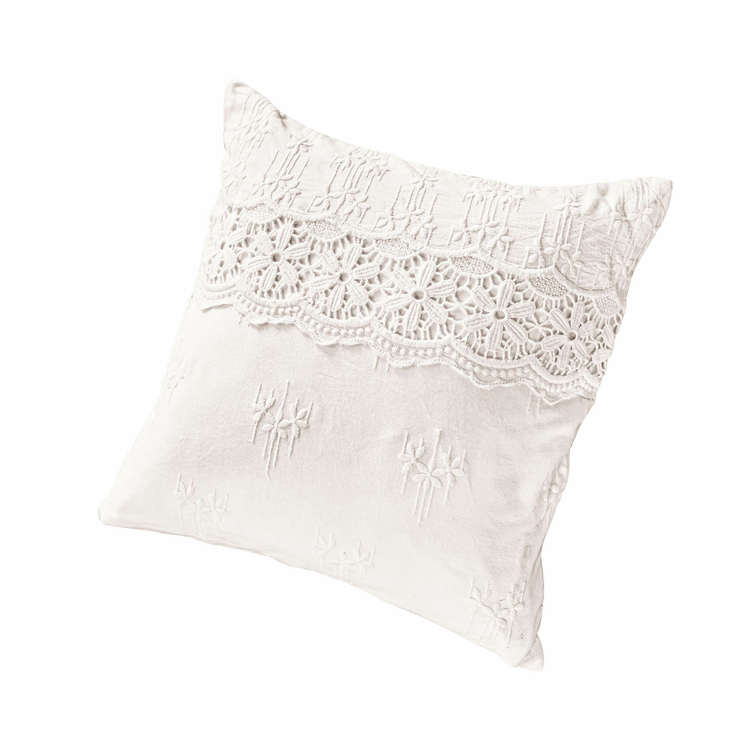 Housse de coussin Fianna Coussin décoratif blanc en coton avec dentelle et broderie pour salon élégant