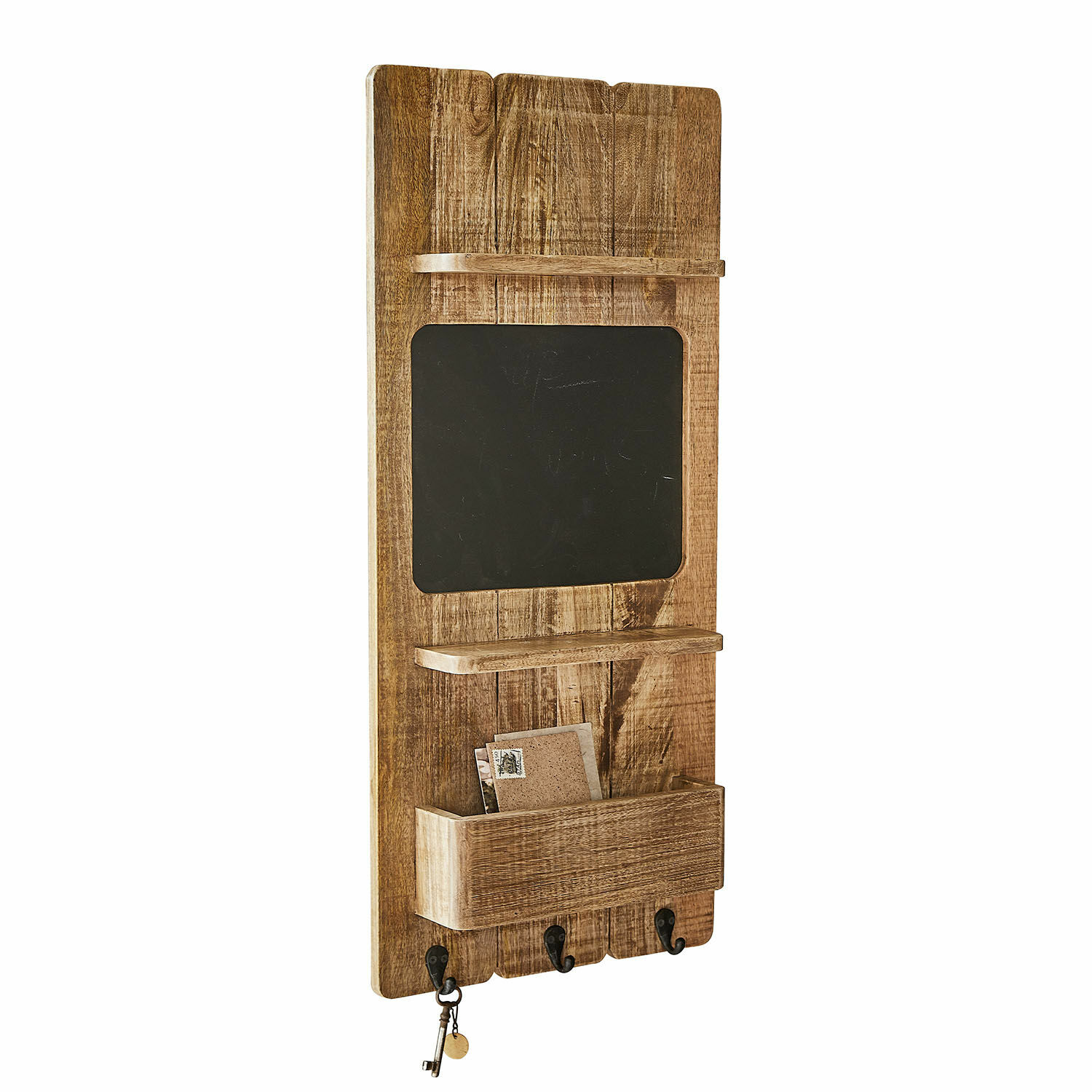 Wandorganizer Seraphique Houten wandbord met zwart krijtbord, planken en zwarte haken voor sleutels in natuurlijke houtkleur