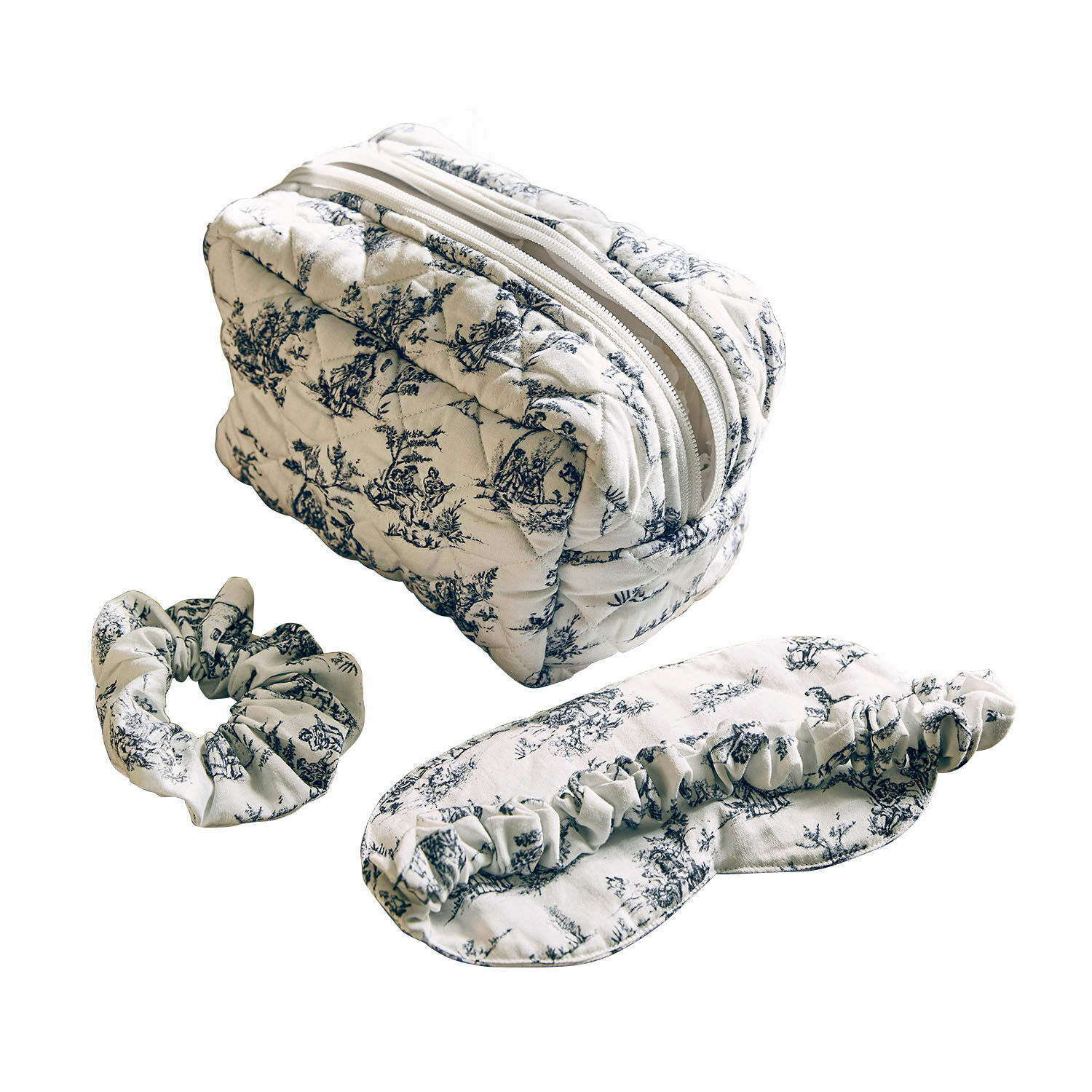 Slaapset 3-delig Felencio Cosmeticaset van katoen in wit met zwart patroon, inclusief tas, scrunchie en slaapmasker