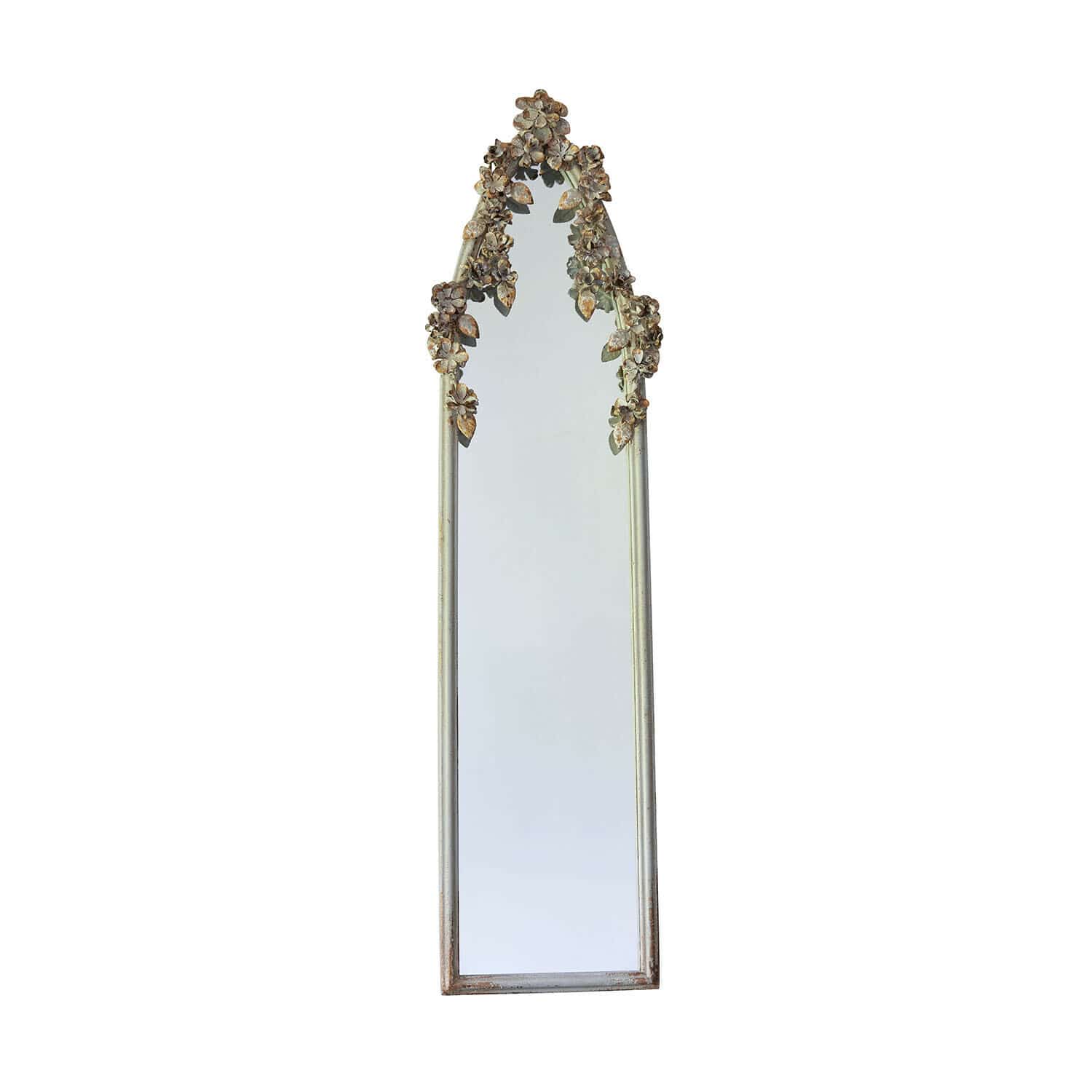 Spiegel Clarendons Hoog spiegel met ecru metalen lijst en bloemdecoratie, vintage interieuraccessoire