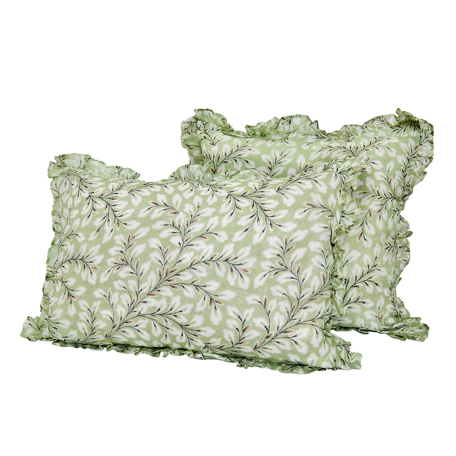 Coussins verts en coton avec motif feuilles blanches et volants, décoration intérieure élégante