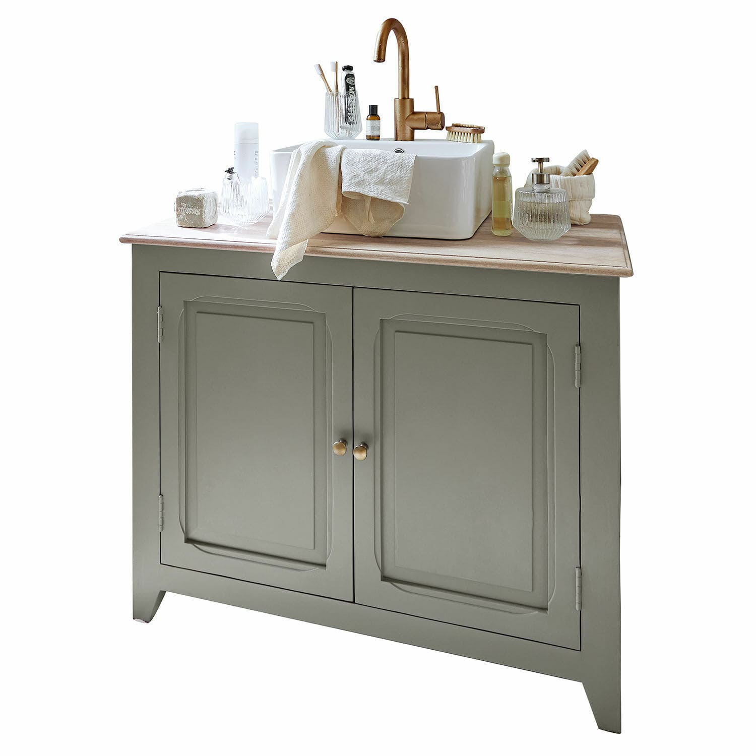 Meuble de salle de bain vert avec lavabo en céramique blanche sur plan en bois clair