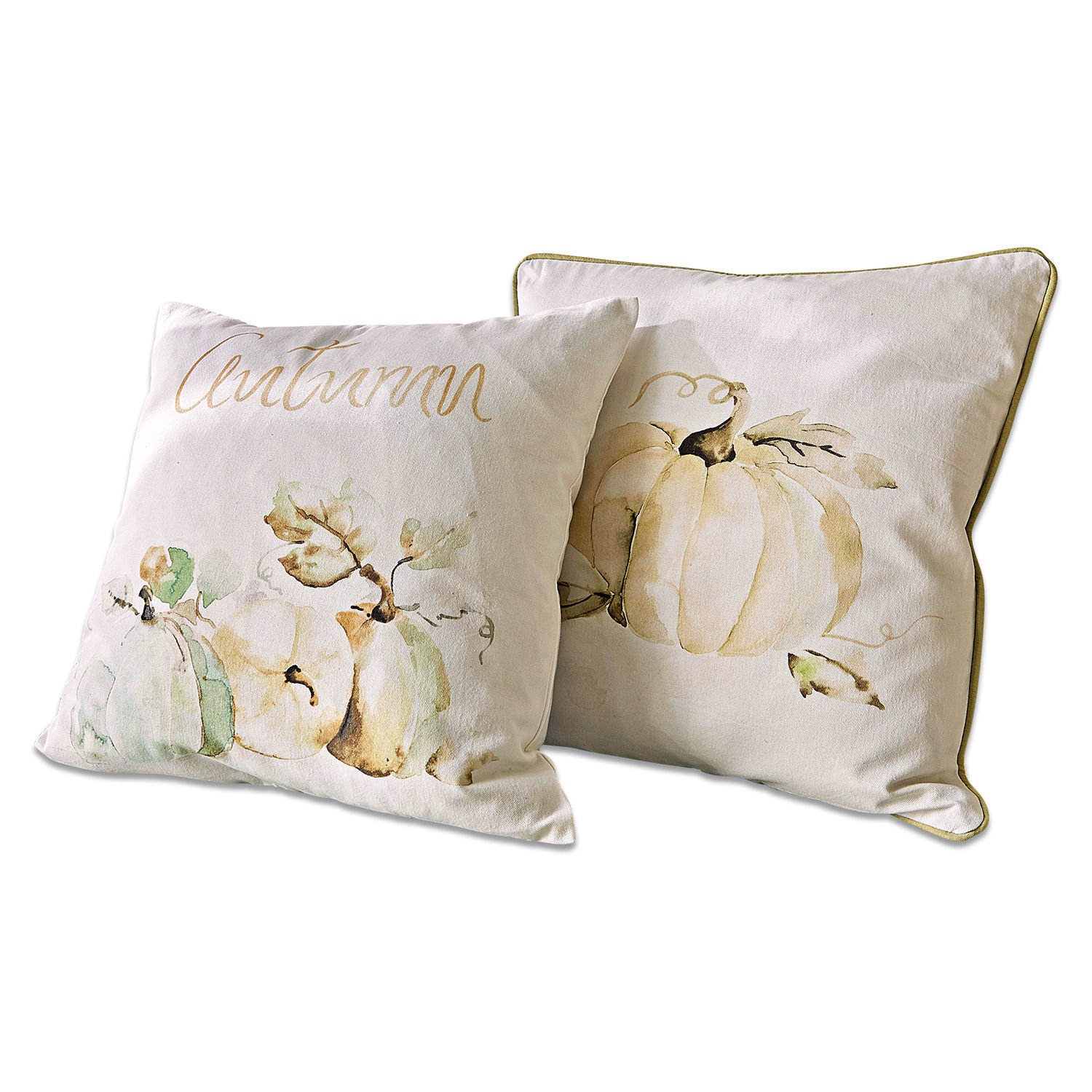 Kussenhoes set van 2 Laubard Set van twee crèmekleurige katoenen kussens met pompoenmotief en tekst autumn voor herfstdecoratie.