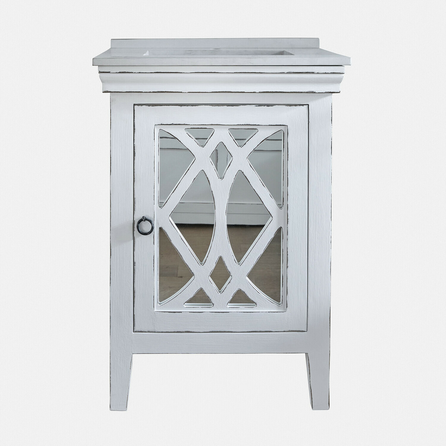 Armoire blanche en bois avec miroir et motif décoratif sur la porte pour salon ou salle de bain