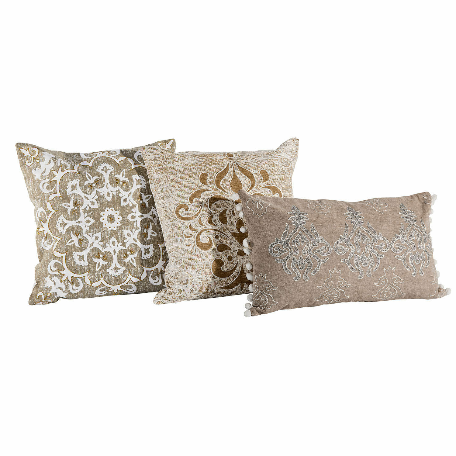 Kussenhoes set van 3 Emelin Set van drie decoratieve kussens in beige tinten met patronen en pompons, woontextiel