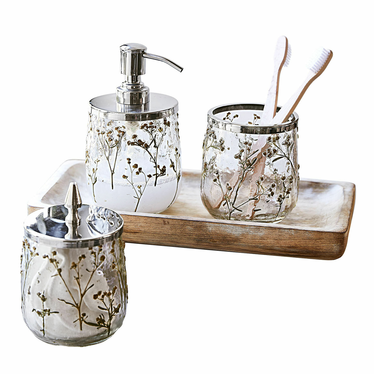 Badkamerset Elorisse Badkamer set van glas met gedroogde bloemenmotief en metalen accenten op houten dienblad