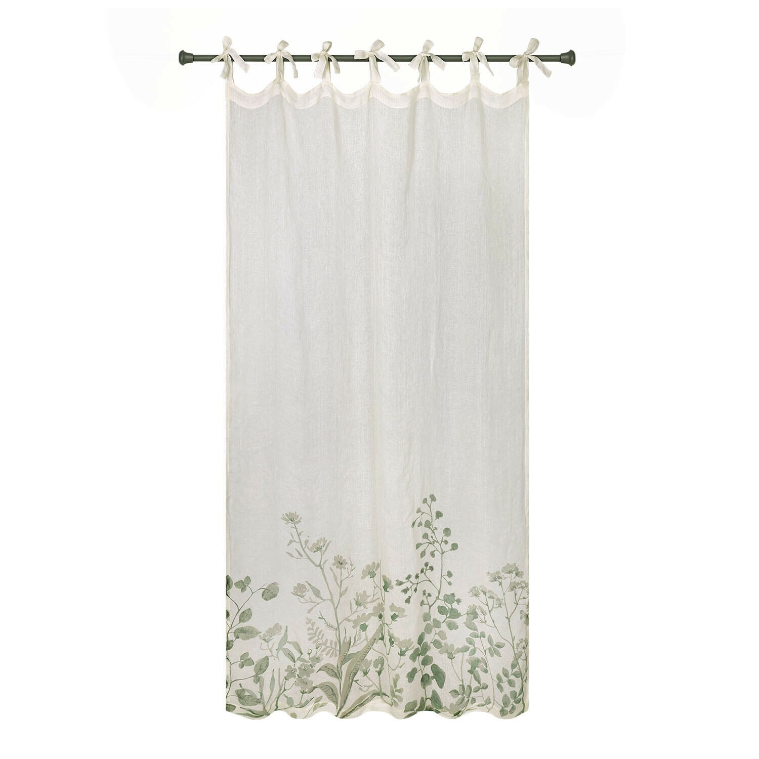 Rideau Floriale Rideau en lin blanc avec motif végétal vert en bas, léger et décoratif pour la maison