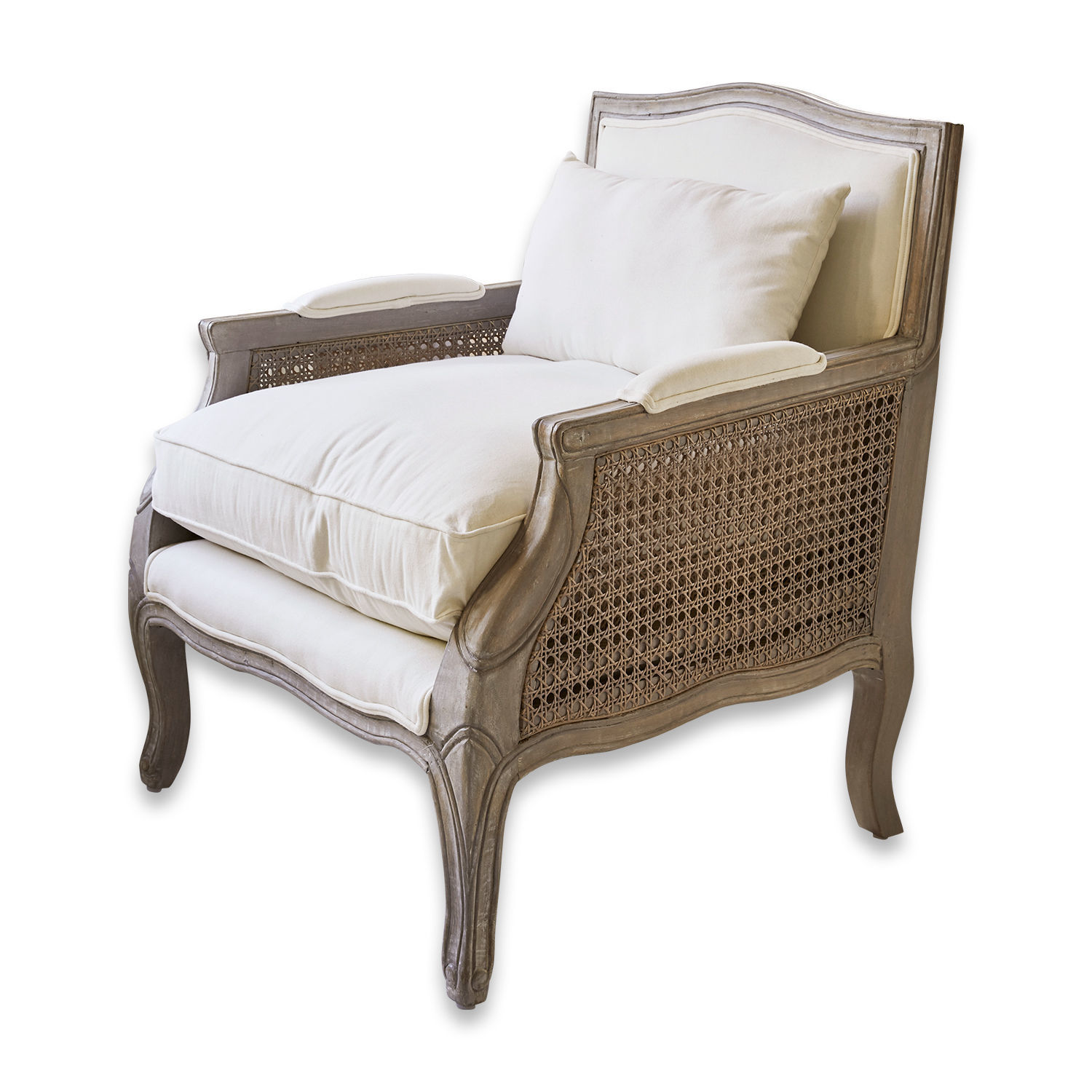 Fauteuil Alfort Elegante stoel van hout en riet in grijs met crèmekleurige kussens voor woonkamer