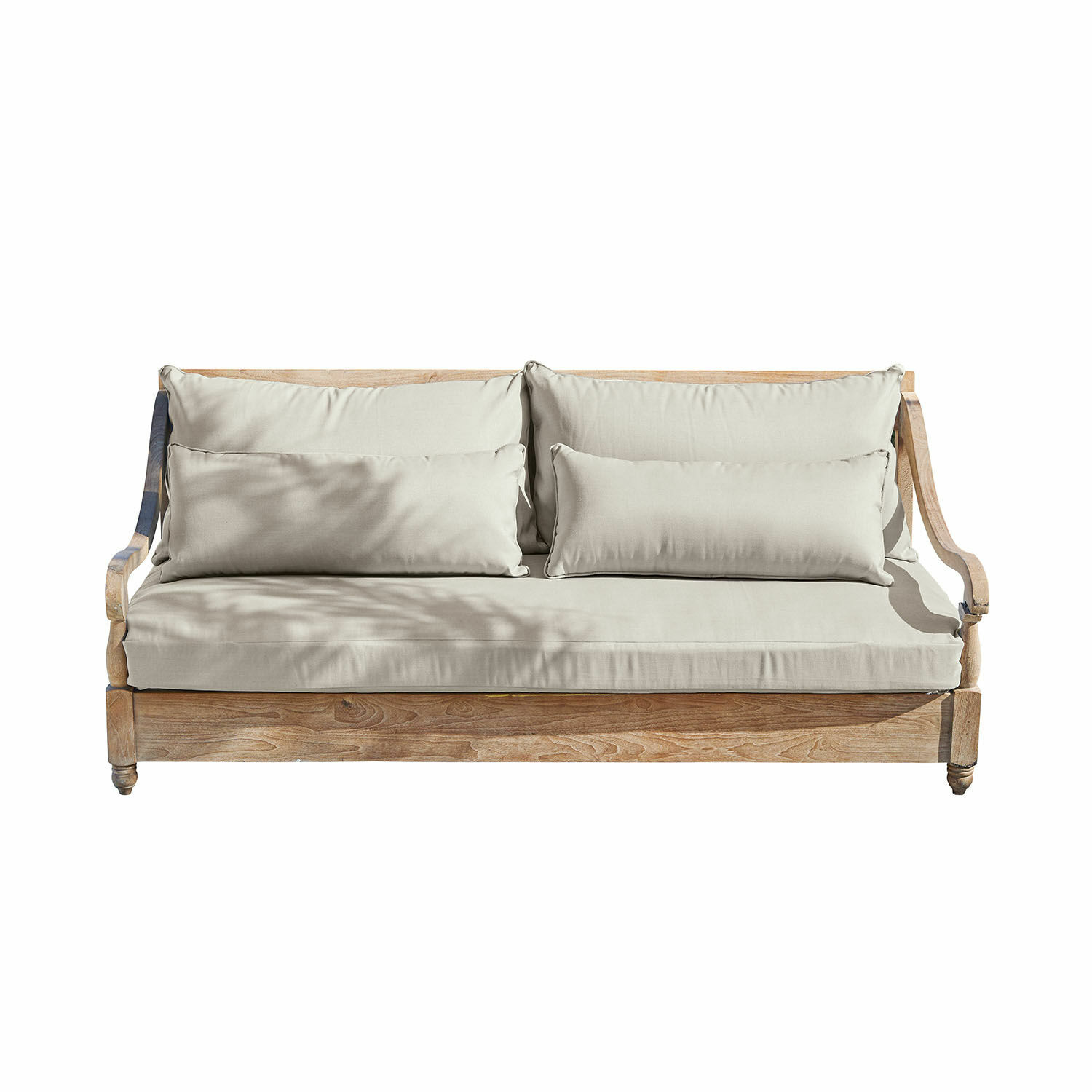 Canapé Montcassin en bois marron avec coussins beige, meuble confortable pour salon moderne