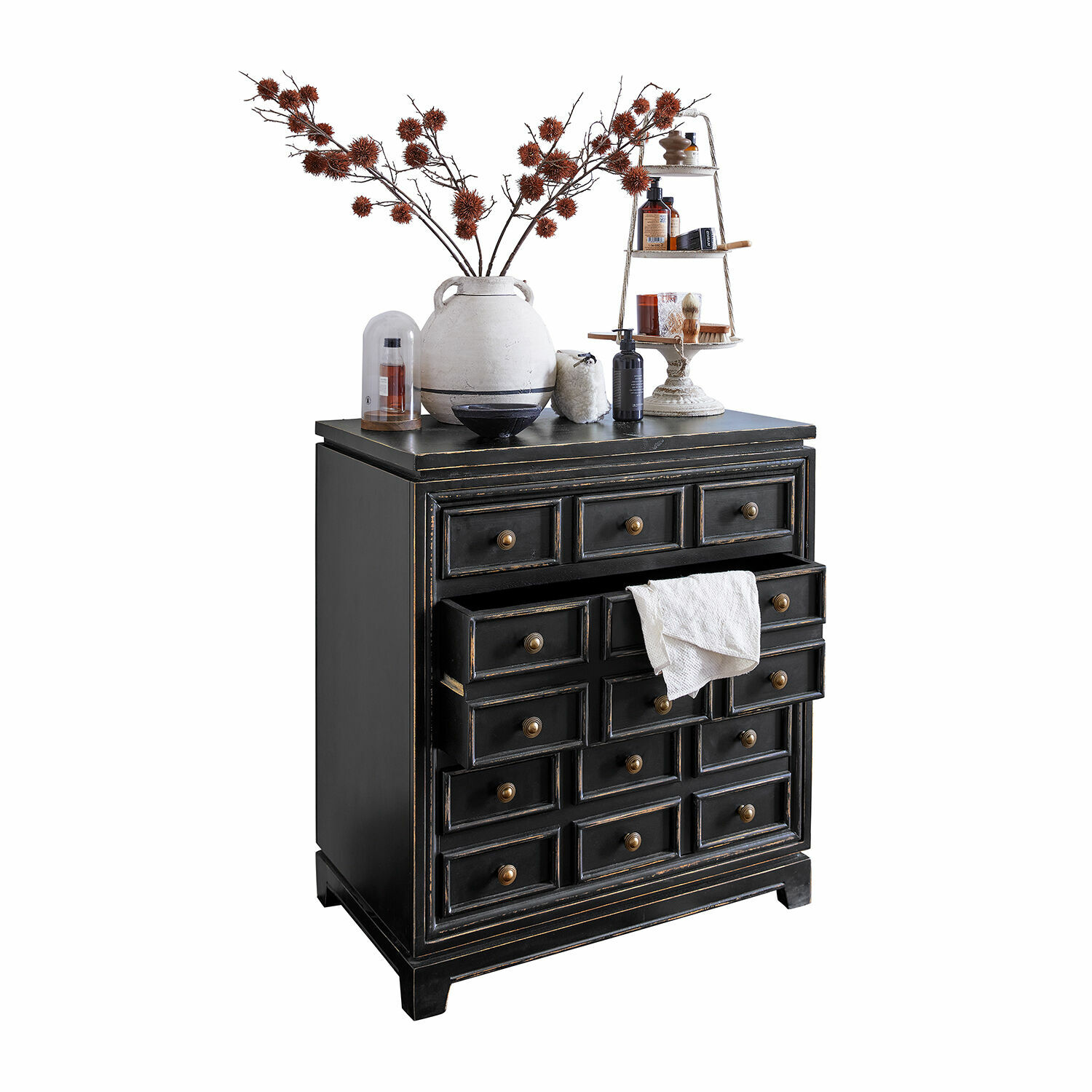 Commode Néryville Commode noire en bois avec multiples tiroirs et poignées décoratives, style vintage