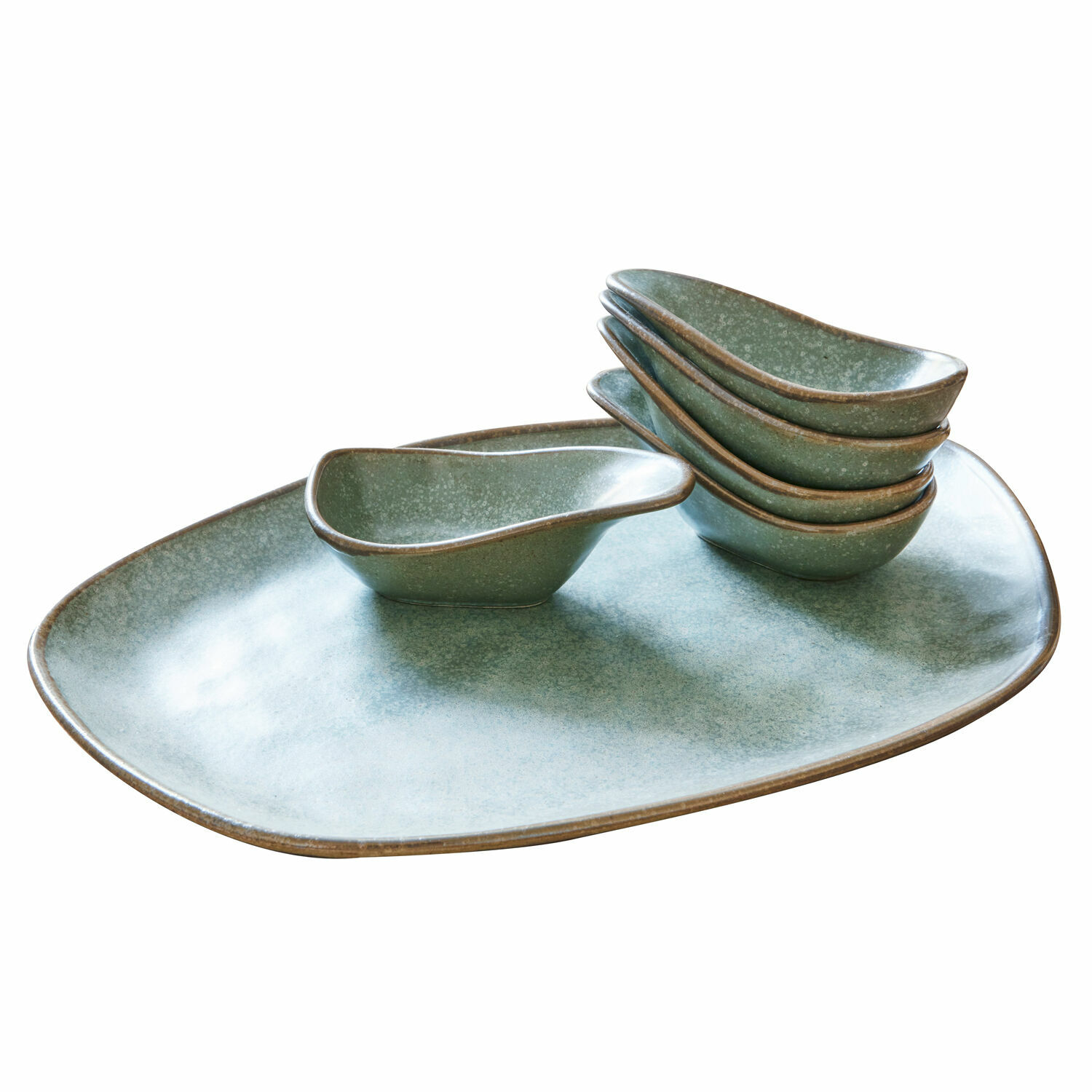 Ensemble de 6 coupelles en céramique turquoise et marron Biarritz sur un grand plateau pour apéritifs