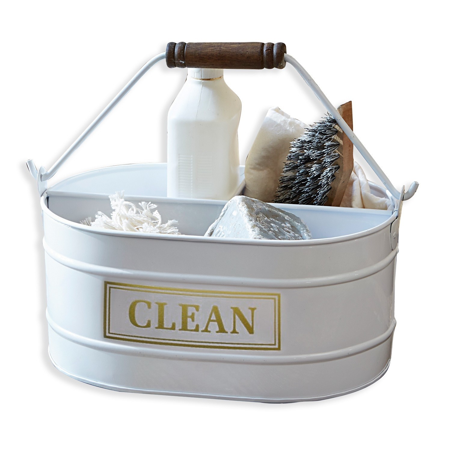 Seau Clean Récipient en métal blanc avec poignée en bois et accessoires de nettoyage, rangement pratique pour la maison
