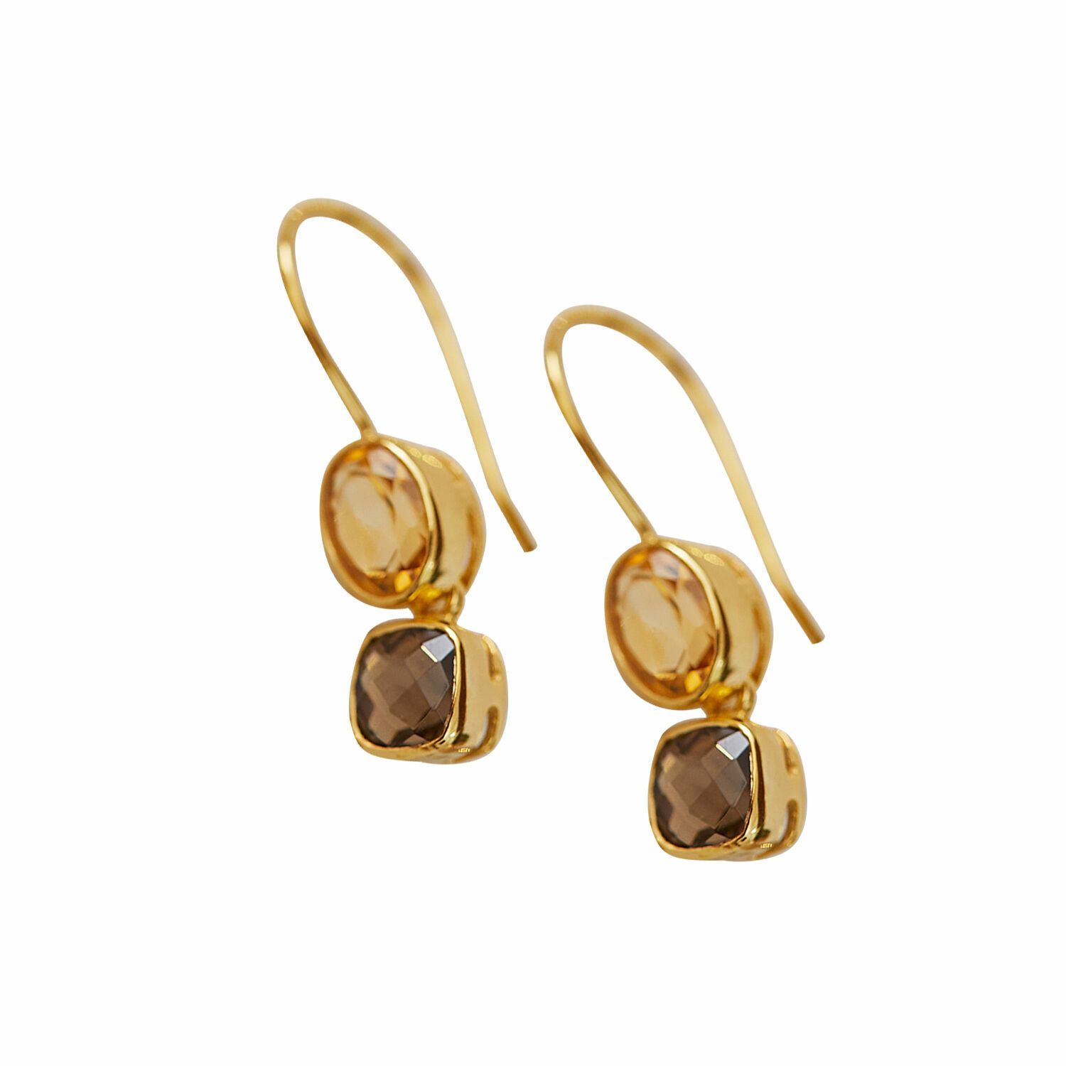 Oorbellen Ovique Gouden oorbellen met twee geslepen bruine stenen, elegante dames sieraden