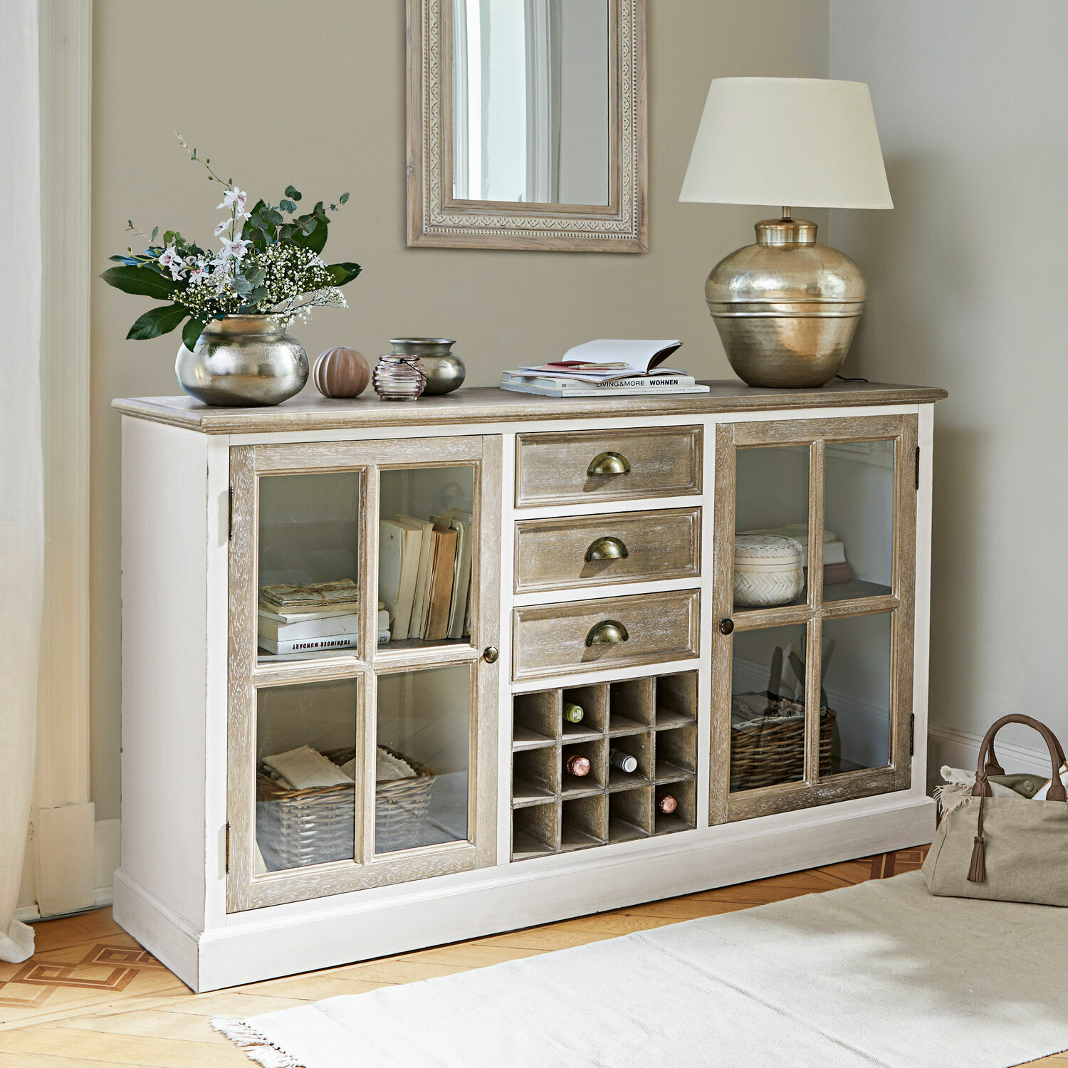 Commode Magoffin Buffet en bois blanc et naturel avec tiroirs et rangement à vin pour salon élégant