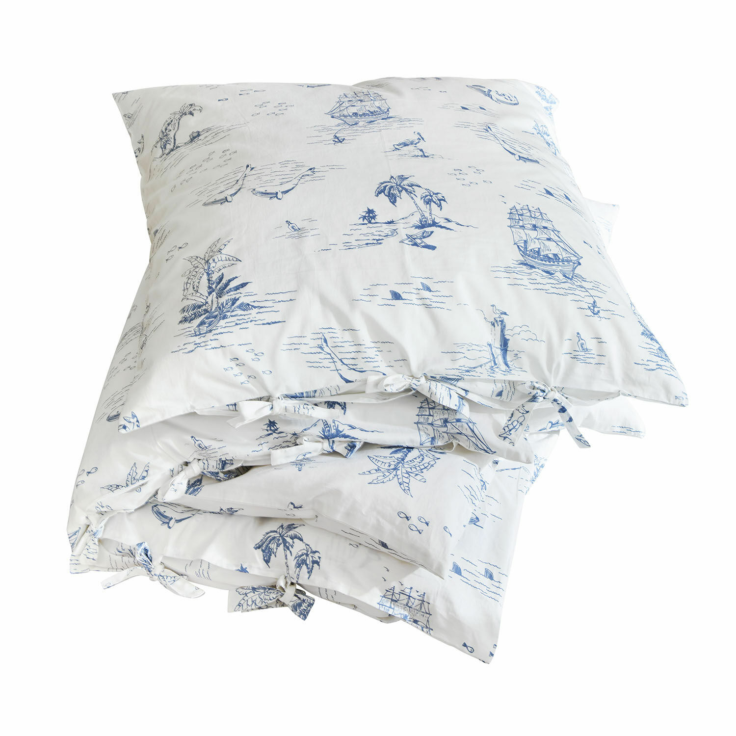 Beddengoed Douxie Katoenen beddengoed wit met blauwe maritieme motieven, schepen en palmbomen, decoratief en comfortabel