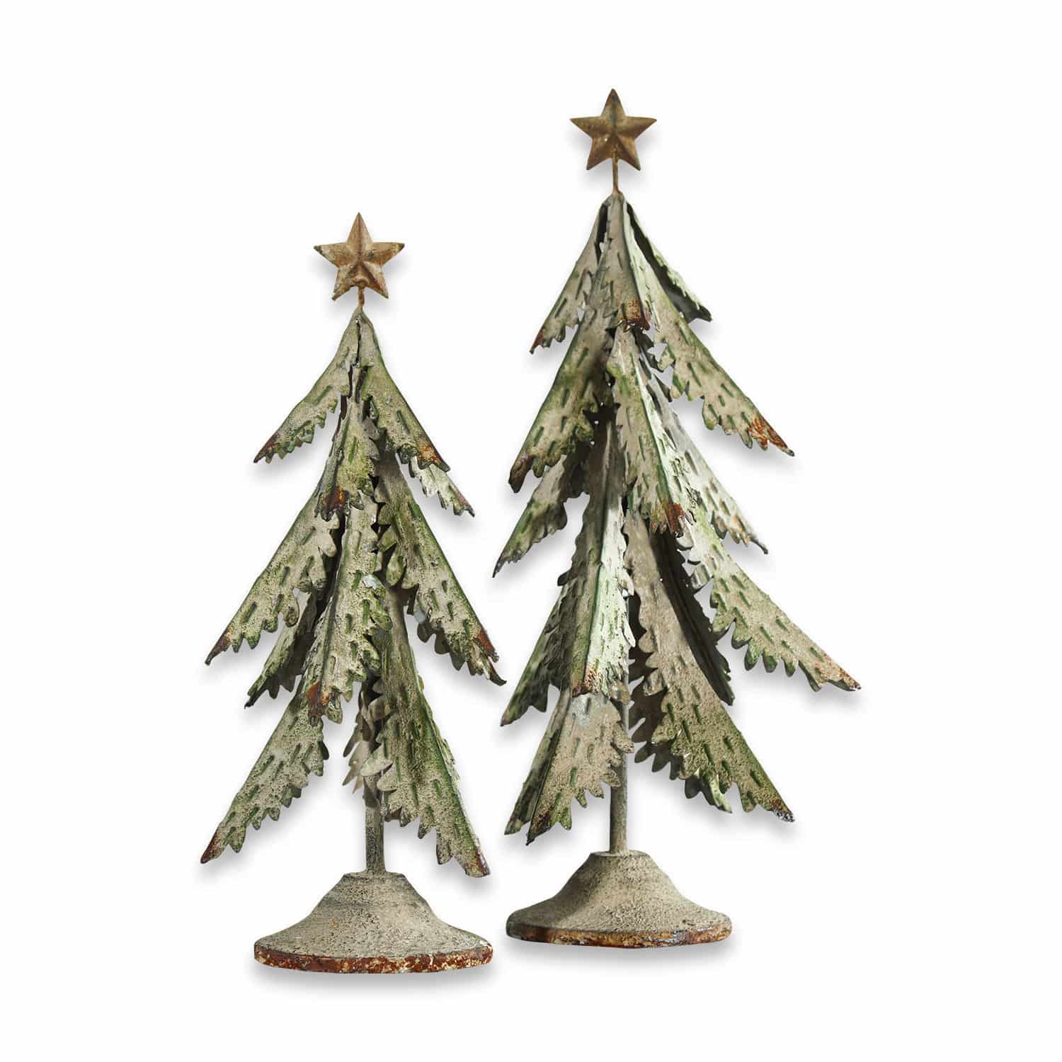 Lot de 2 sapins décoratifs Cour Deux sapins décoratifs en métal vert-gris avec étoiles au sommet, décoration de Noël vintage