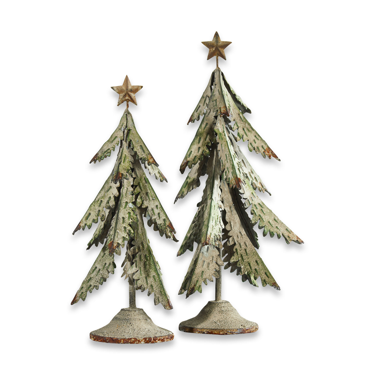 Sierboom set van 2 Cour Twee decoratieve metalen kerstbomen in groen-grijs met sterren bovenop, kerstversiering
