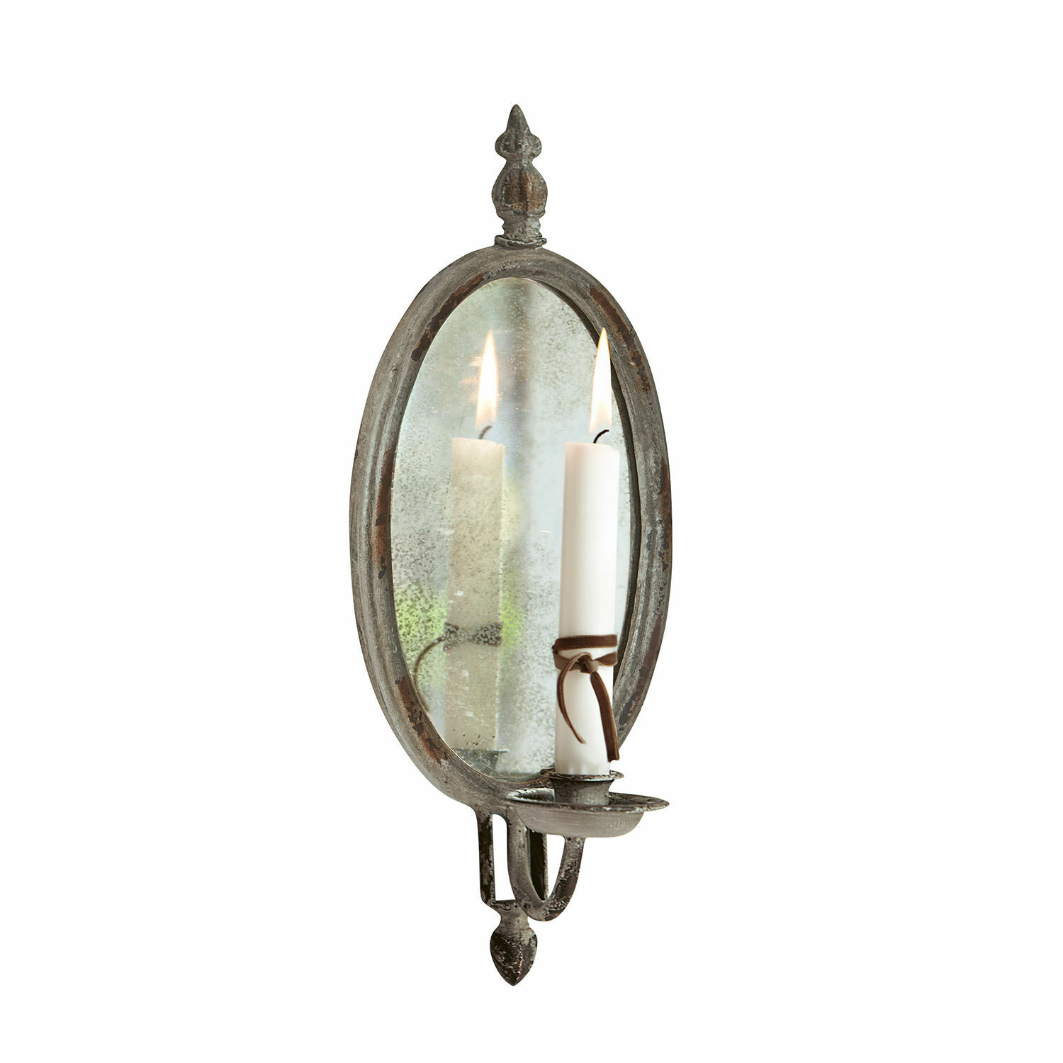 Kaarsenhouder Eugene Metalen wandkandelaar met ovale spiegel en witte kaars, vintage woondecoratie