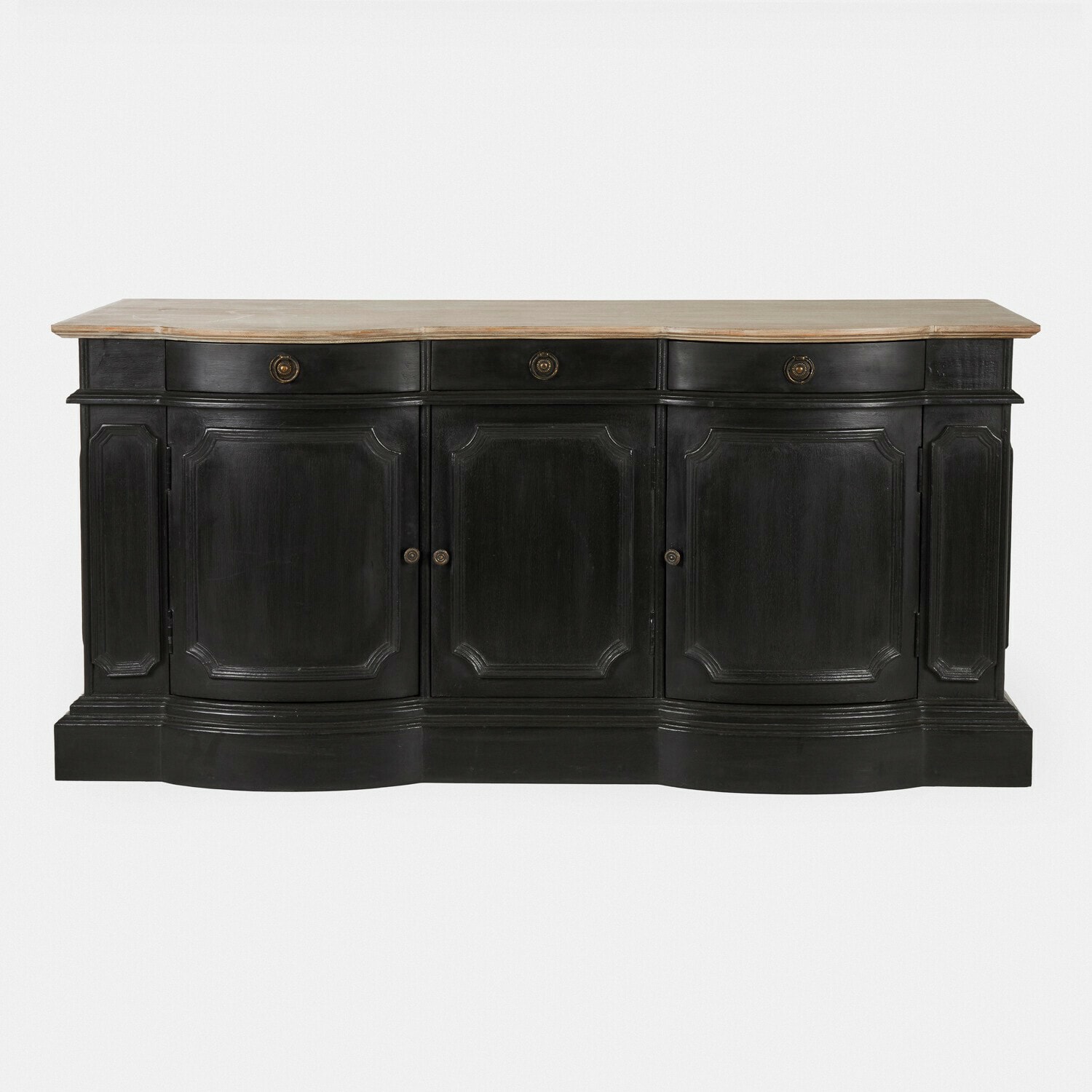 Buffet Rélovine Buffet en bois noir avec plateau clair et portes décoratives, meuble de salon élégant