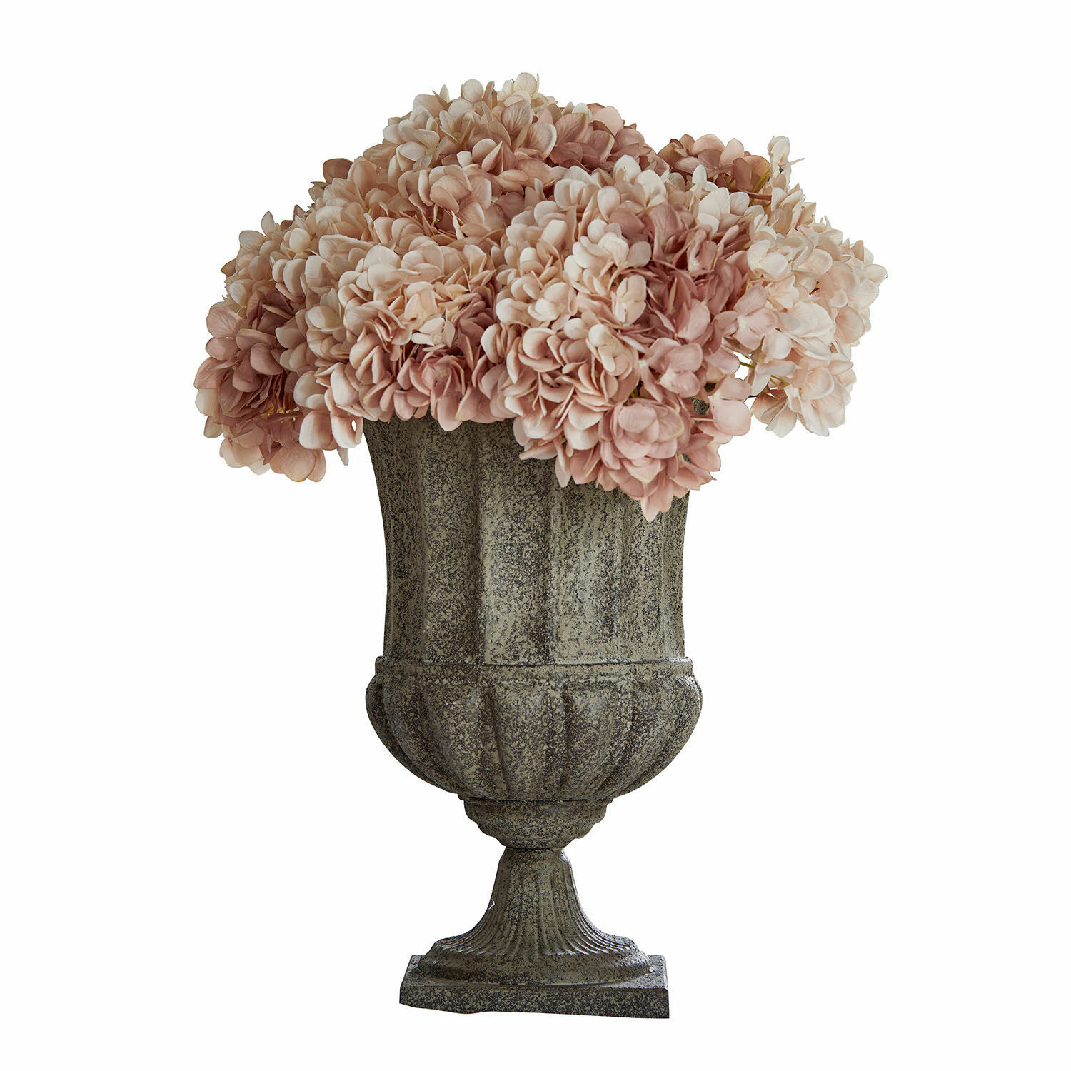 Amfoor Renny Decoratieve grijze stenen vaas met roze hortensia bloemen voor binnen en buiten