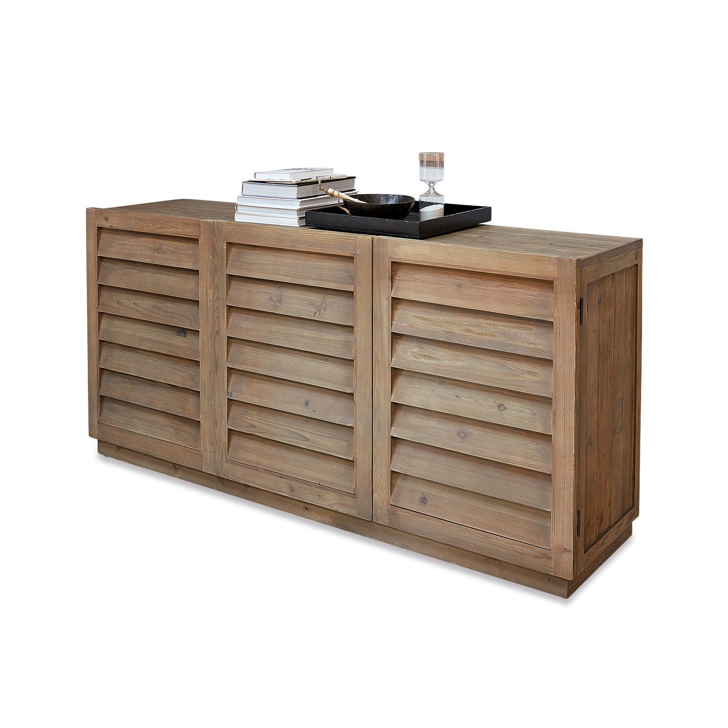 Lage kast Lens Houten dressoir met drie lamellen deuren in natuurlijke houtkleur, rustieke woonkamermeubel