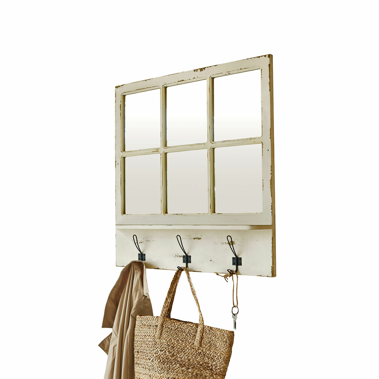Miroir Blossomby Porte-manteau mural rustique blanc avec miroir et trois crochets en métal noir