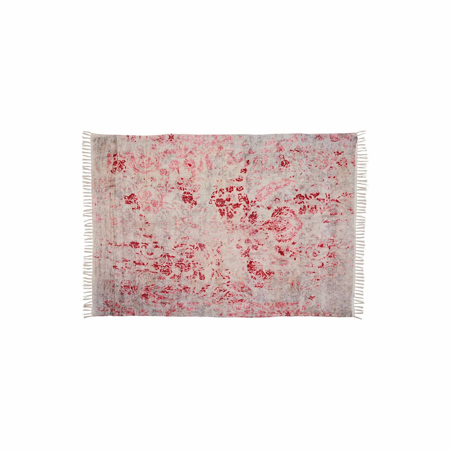 Vloerkleed Arica Vloerkleed met rood bloemmotief op lichtgrijze achtergrond met franjes aan de zijkanten